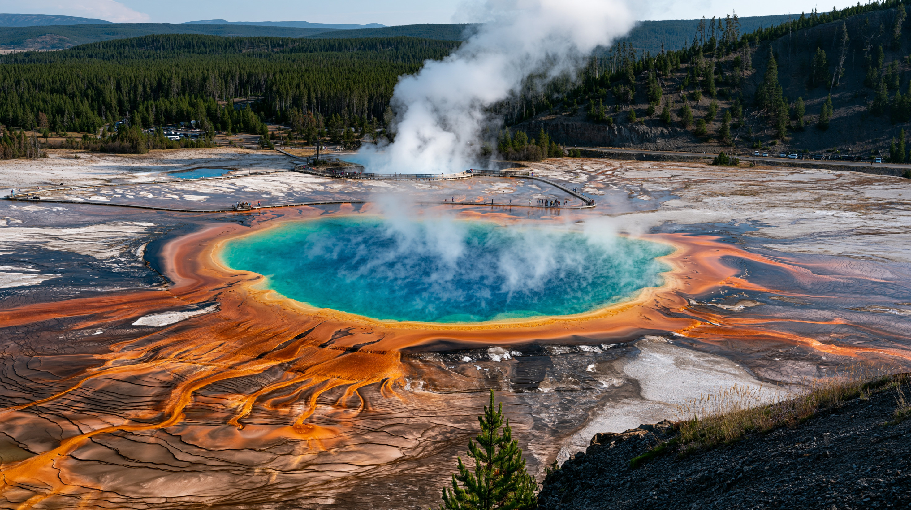 A high-angle, wide landscape shot of the massive Grand Prismatic Spring in Yellowstone, displaying its vibrant blue center surrounded by bright orange and yellow mineral rings under a clear sky.