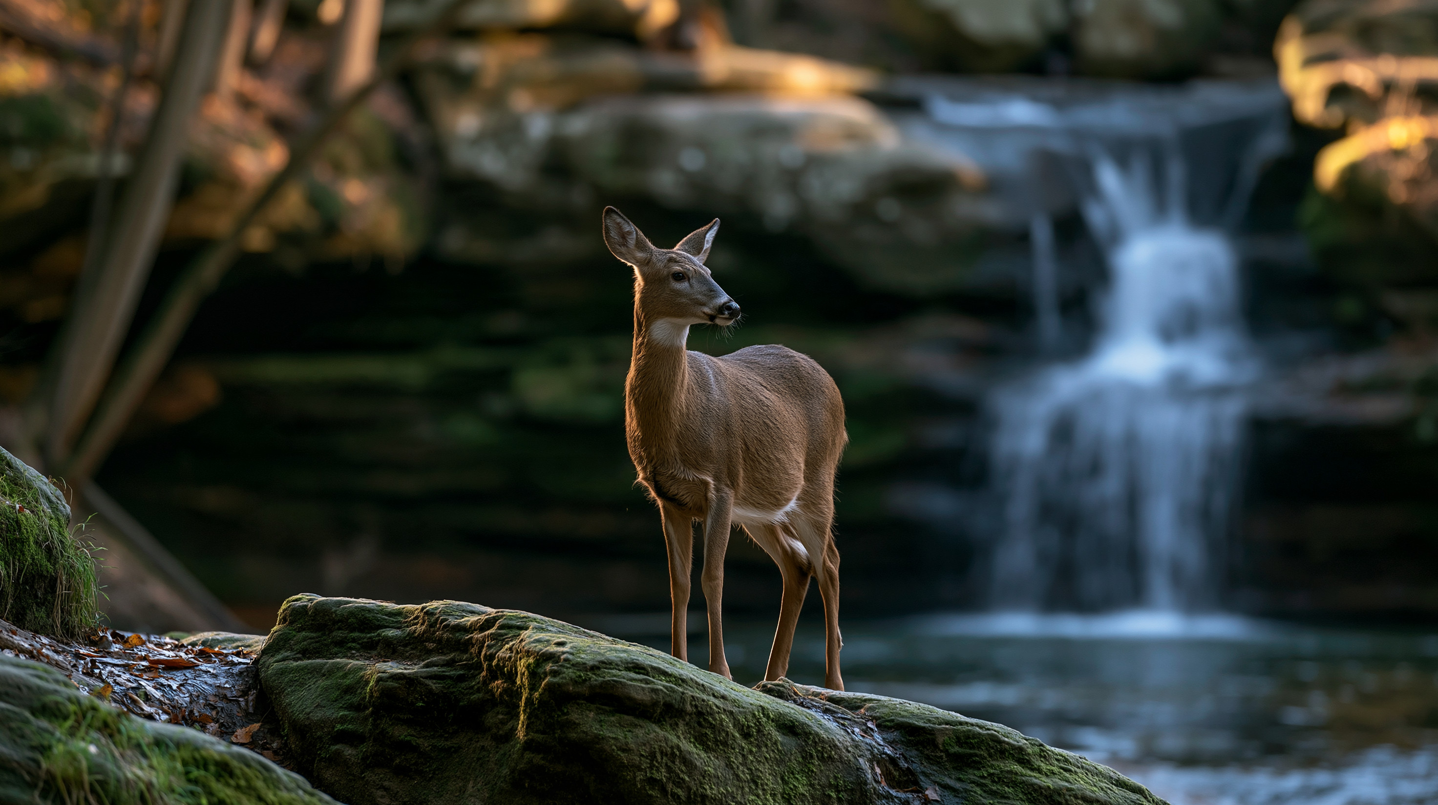 A white-tailed deer stands alert on a mossy rock in the foreground, illuminated by golden light, while a beautiful tiered waterfall flows into a stream in the softly blurred background.