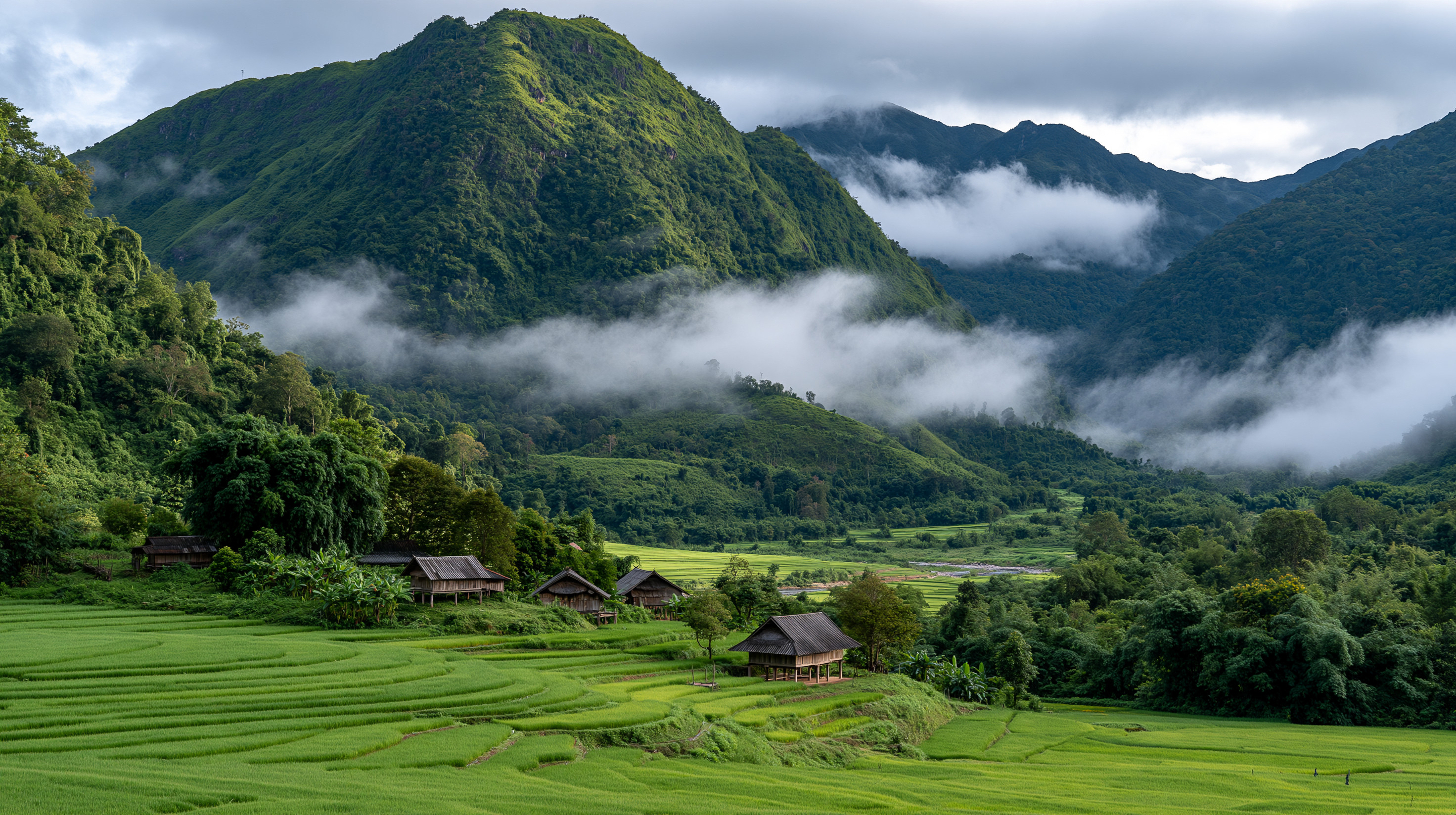A high-angle, wide landscape photograph of traditional wooden stilt houses nestled among lush green, terraced rice paddies, surrounded by misty mountains under a cloudy sky in Northern Thailand.