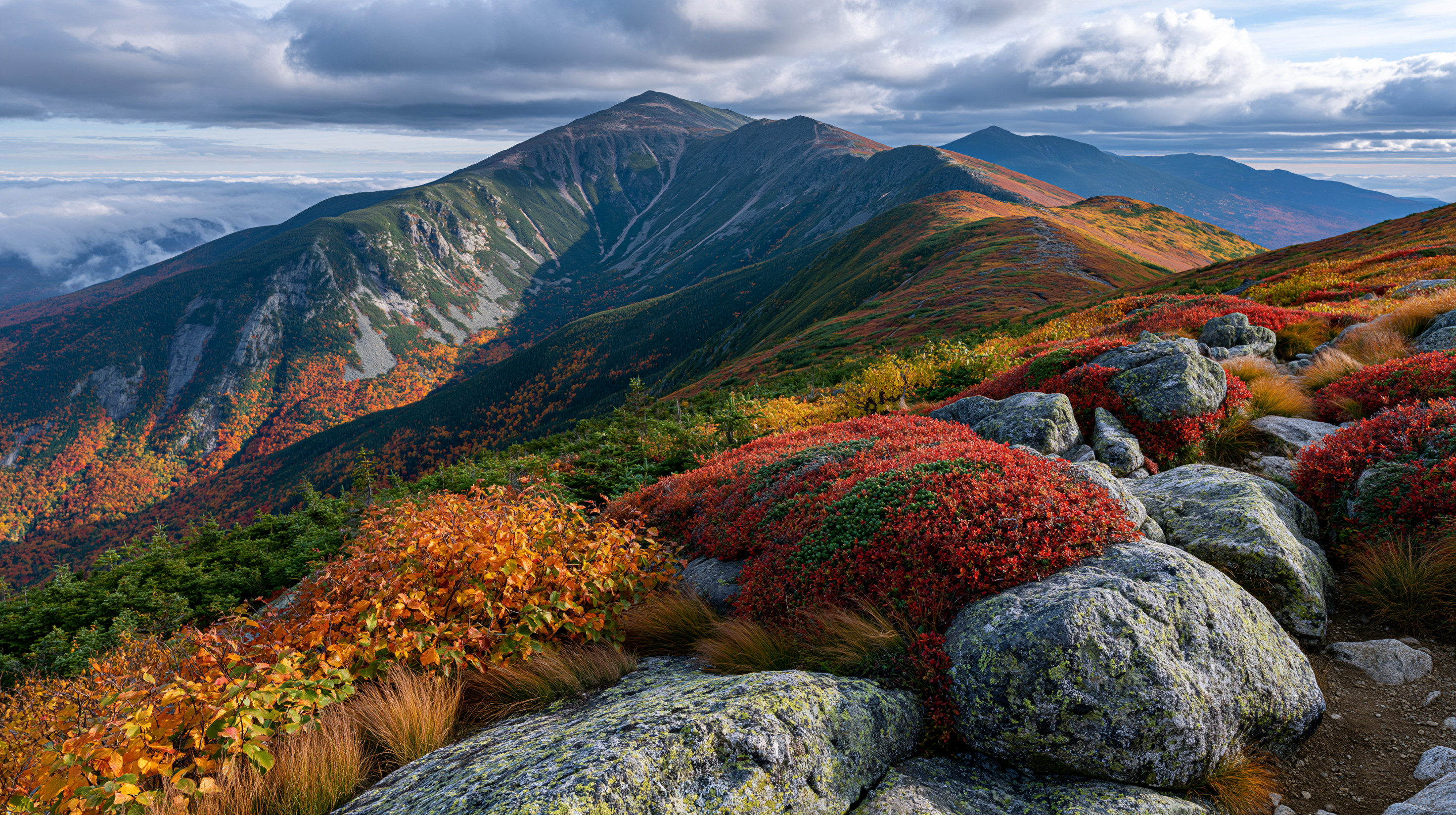 A high-altitude mountain ridge in New Hampshire covered in red and orange alpine shrubs and large grey rocks, looking out toward a massive green peak under a cloudy sky.