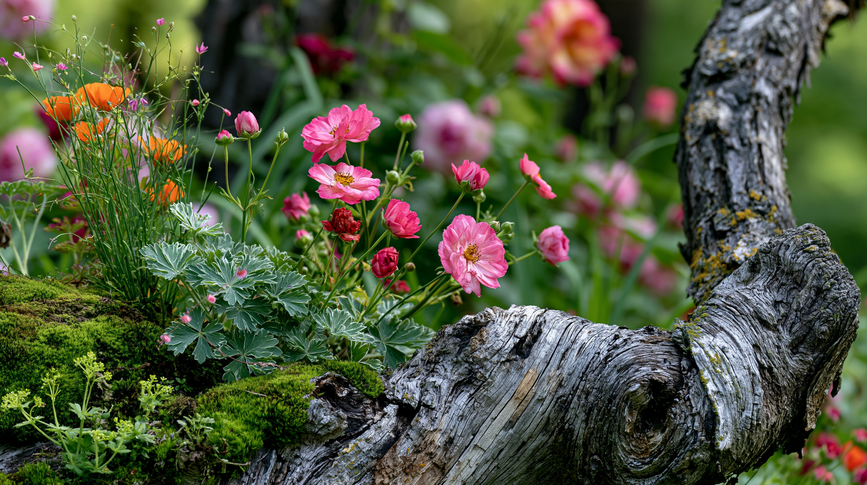 A close-up landscape photograph showing vibrant pink buttercup flowers and green foliage growing out of a thick, moss-covered, twisting grey tree trunk with a blurred garden background.
