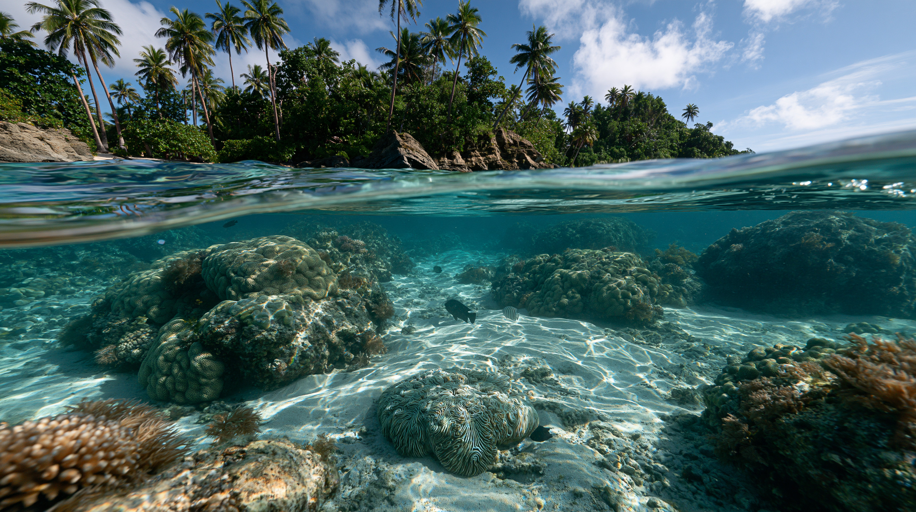 A split over-under shot showing a clear underwater coral reef with fish and sandy sea floor below, and a tropical coastline with tall coconut palm trees under a blue sky above in Fiji.
