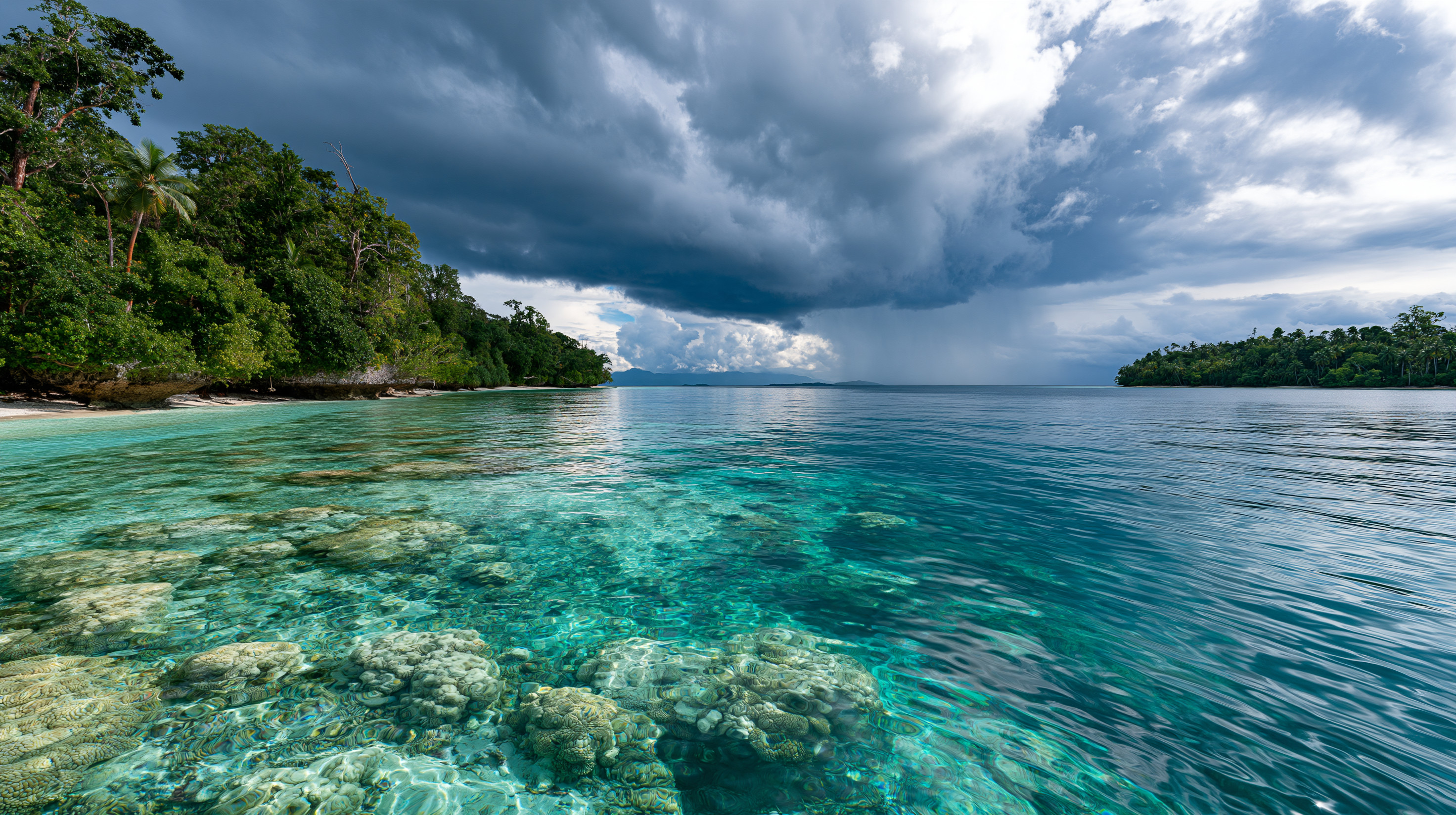 Wide-angle landscape photograph of a clear turquoise lagoon in the Solomon Islands with hard coral formations visible under the shallow water, bordered by a lush rainforest shoreline under a dark, dramatic storm cloud dropping rain in the distance.
