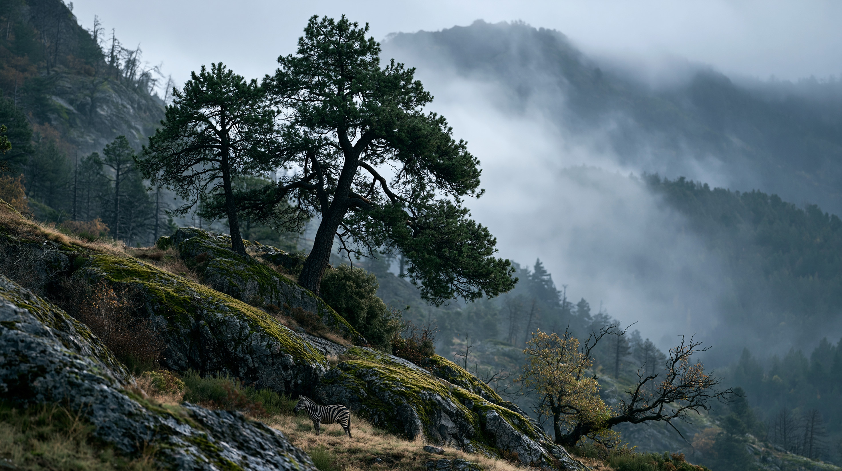 A lone zebra stands on a steep, mossy granite mountain slope beneath a large, windswept pine tree, with dense white mountain fog rolling through the forested valleys in the background.
