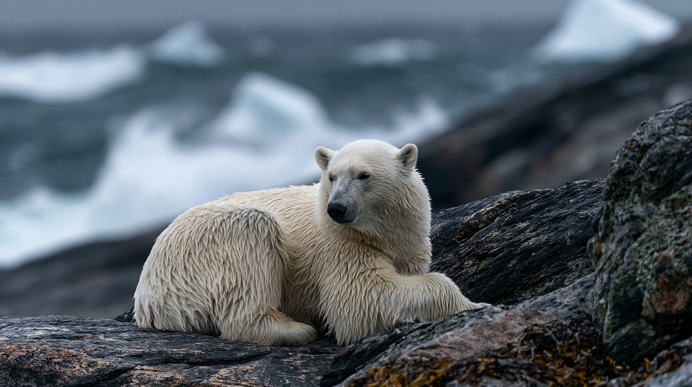 A large polar bear rests on wet, dark coastal rocks, looking back over its shoulder toward a churning, dark blue sea filled with white icebergs and breaking waves.