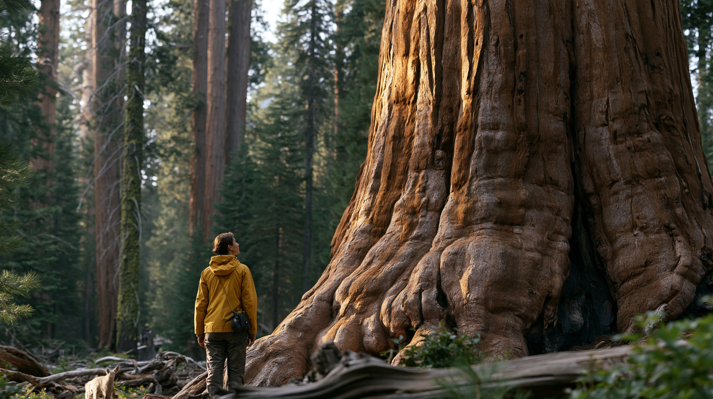 A person wearing a yellow hooded jacket stands in a dense, mossy coniferous forest floor, dwarfed as they gaze upward at the massive, deeply grooved, cinnamon-colored base of a colossal giant sequoia tree.