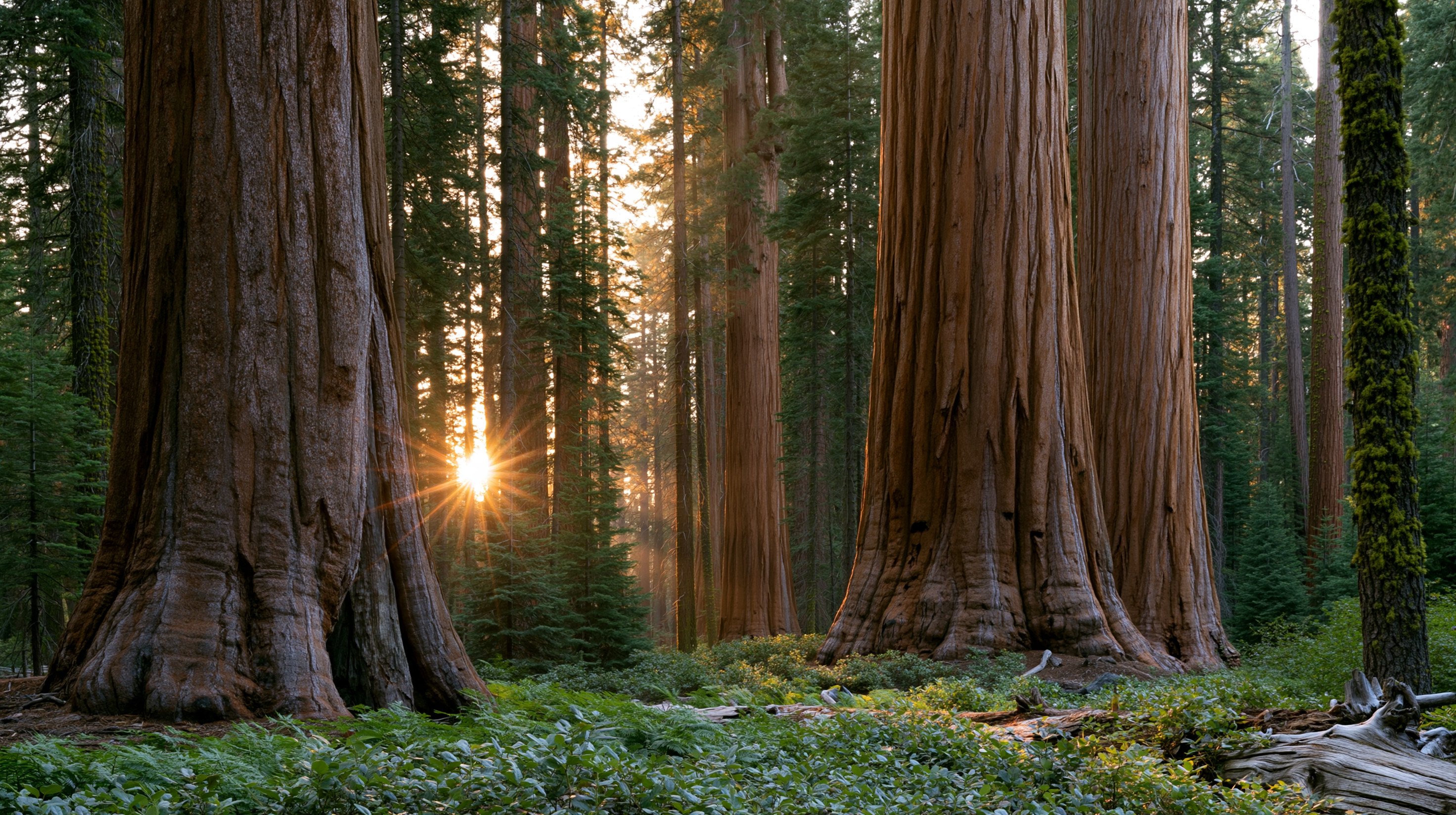 A majestic grove of massive giant sequoia trees with fluted, reddish-brown trunks stands tall over a lush green carpet of ferns and low shrubs, with the bright morning sun bursting between the trunks to cast long, dramatic shadows and golden rays through the misty forest.