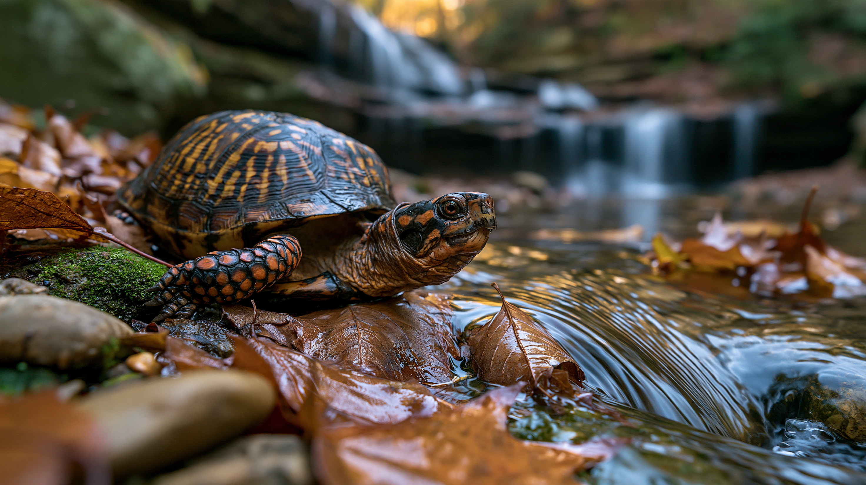 A patterned eastern box turtle rests on wet, brown autumn leaves at the edge of a clear flowing stream, with a tiered waterfall softly blurring in the background forest.