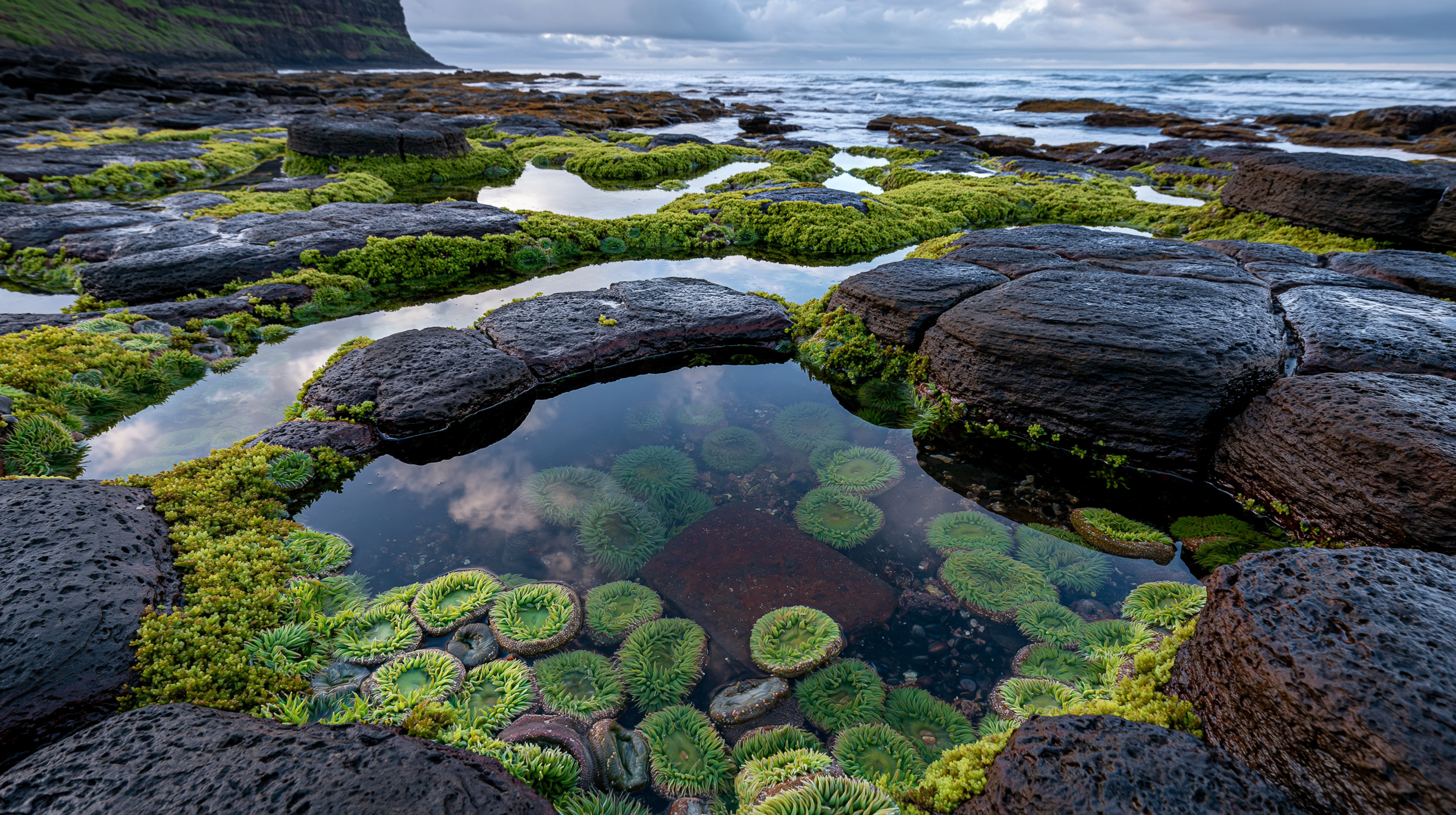 Densely clustered bright green anemones fill a circular volcanic rock pool surrounded by dark, textured basalt rock shelves and vibrant green mosses along a moody coastal shore under an overcast sky