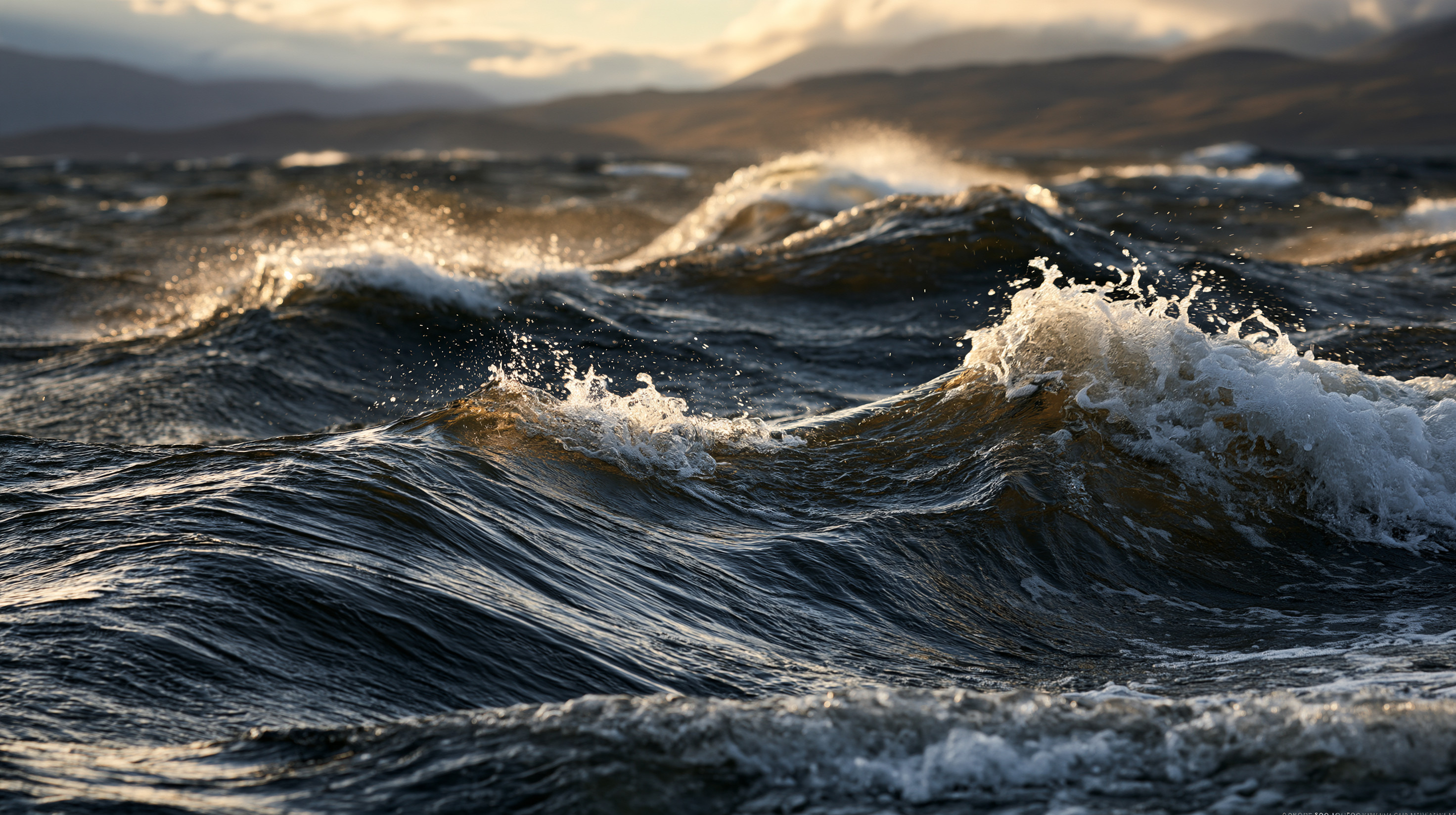 A dramatic, close-up photograph of choppy, dark waves crashing on a Scottish loch, with golden sunlight illuminating the cresting sea foam against a blurred mountain background.
