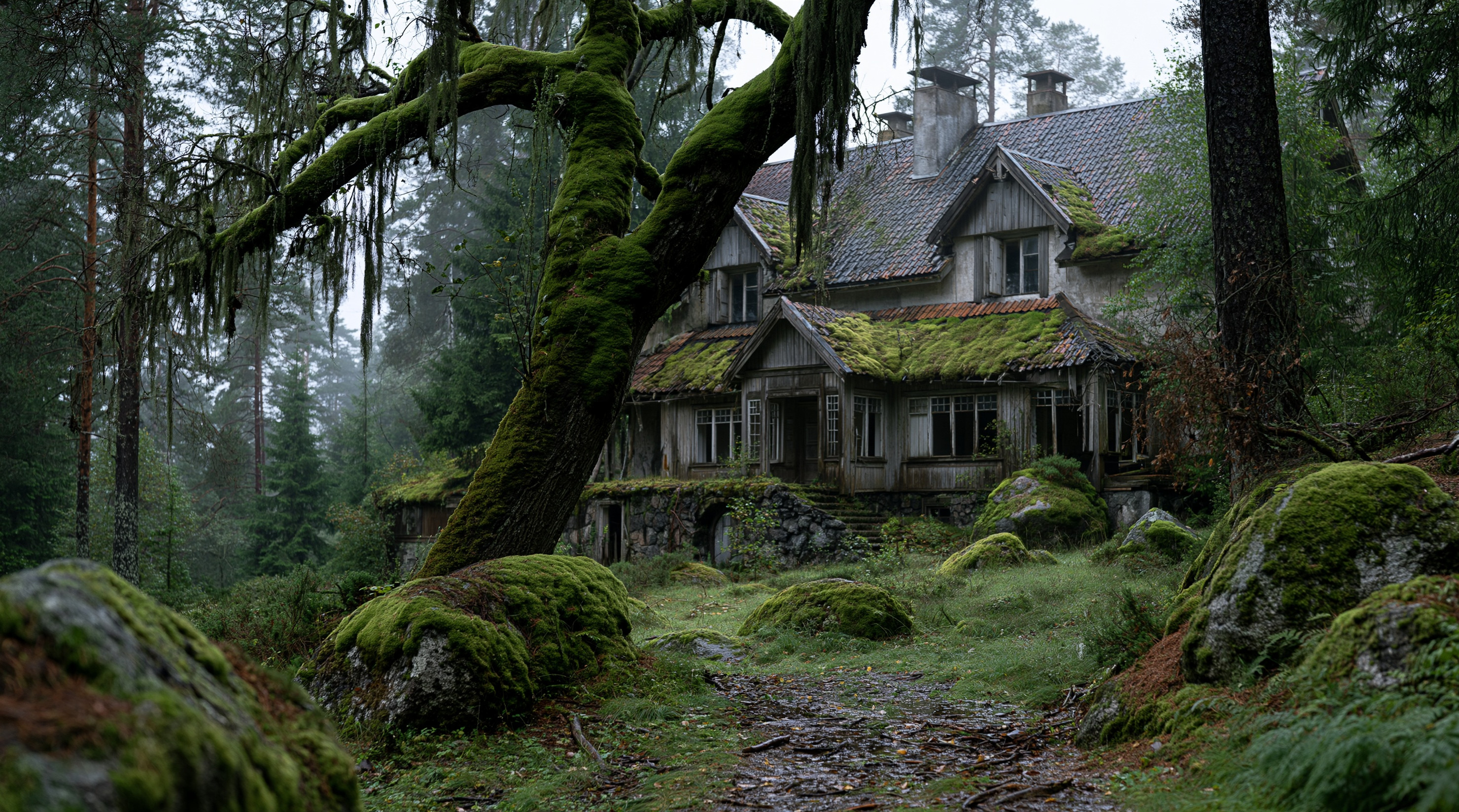 An abandoned, moss-covered two-story wooden manor house tucked deep inside a foggy, green pine forest with a large gnarled tree in the foreground.