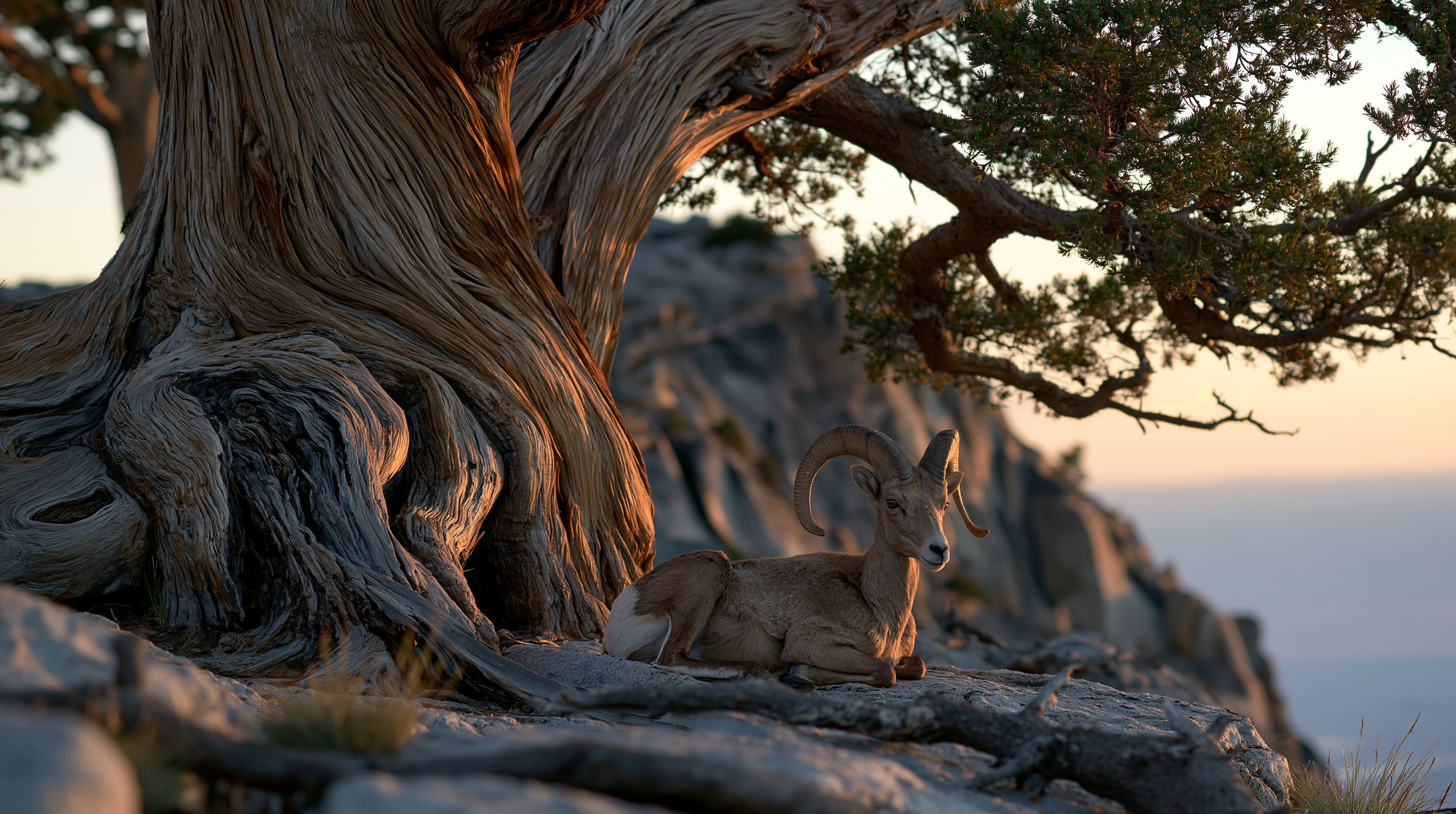 A wild Sierra Nevada bighorn sheep ram with curled horns rests peacefully on a rocky ledge beneath the massive, intricately gnarled base of an ancient Sierra juniper tree, with a sunlit granite mountainside dropping off into a soft, hazy horizon at dusk.