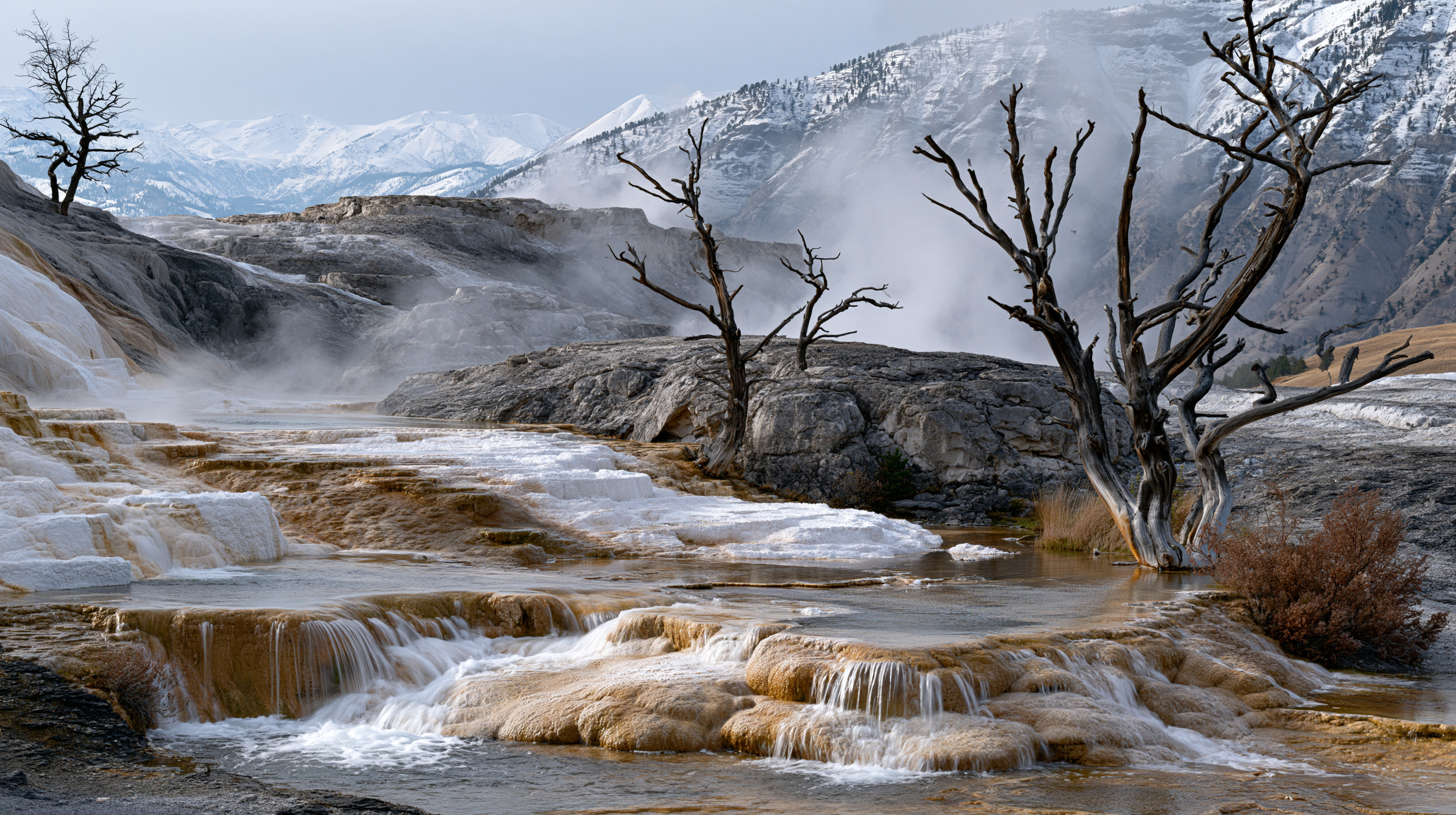 A scenic winter photograph of the steaming travertine terraces at Mammoth Hot Springs in Yellowstone, featuring cascading mineral water, skeletal dead trees, and snow-covered mountains under a hazy sky.
