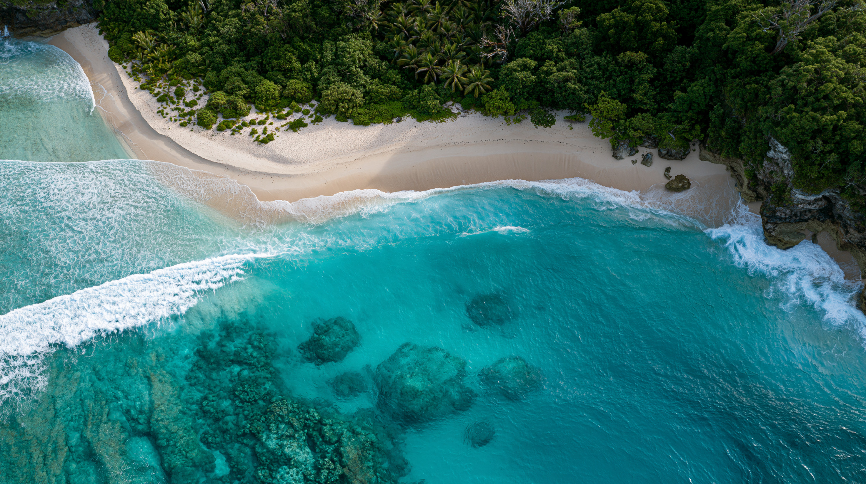 Top-down aerial view of a secluded white sand beach curved along a dense green tropical forest, with bright turquoise ocean waves breaking over a visible coral reef in Vanuatu.