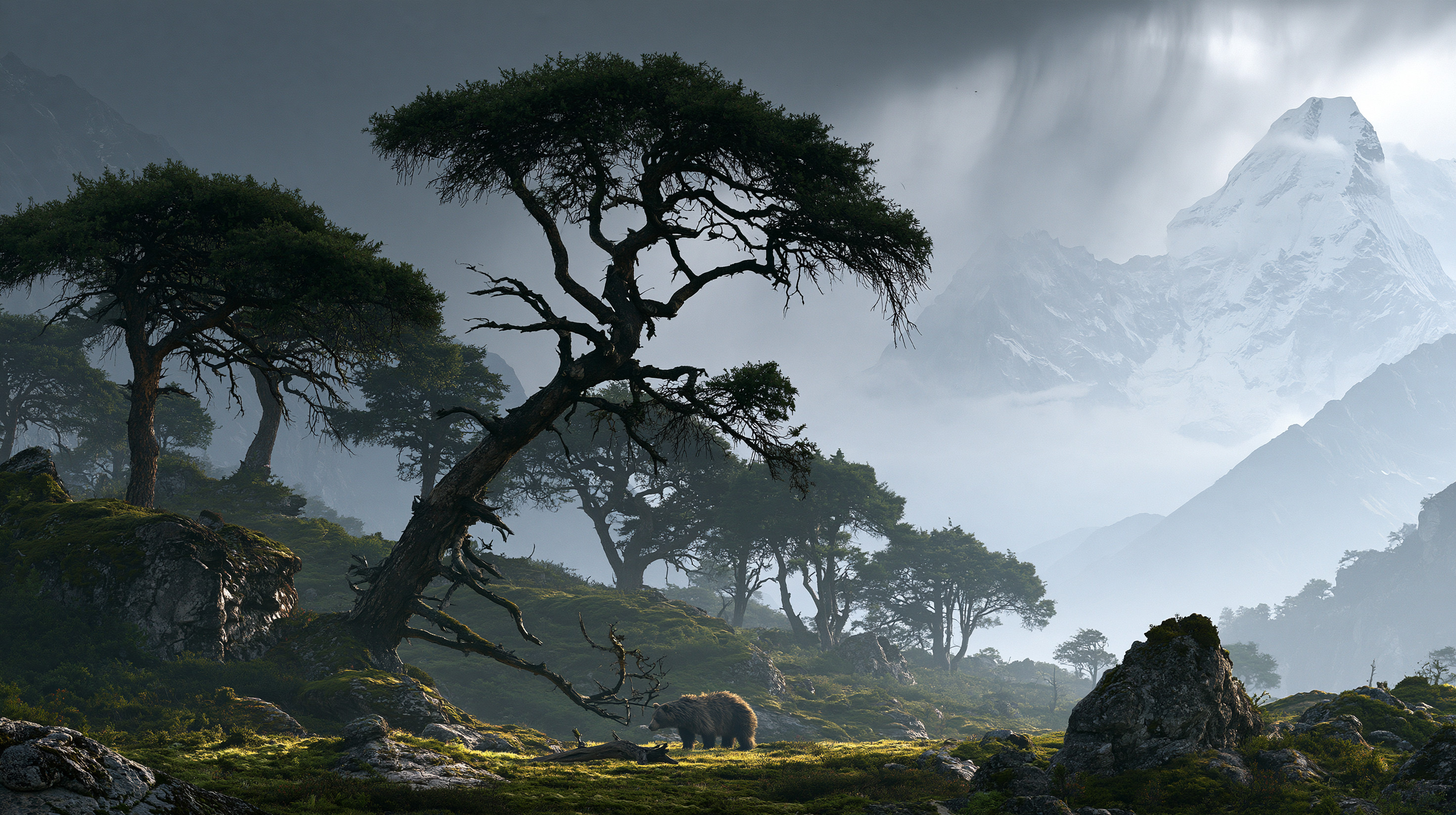 A solitary Himalayan brown bear walks across a mossy, boulder-strewn alpine meadow in the foreground, illuminated by a soft patch of sunlight. The mid-ground features gnarled, wind-twisted pine trees clinging to the rocky hillside. In the background, a massive, snow-covered mountain peak cuts into a dramatic, dark gray storm sky with wisps of fast-moving rain clouds hanging over the high-altitude valley.
