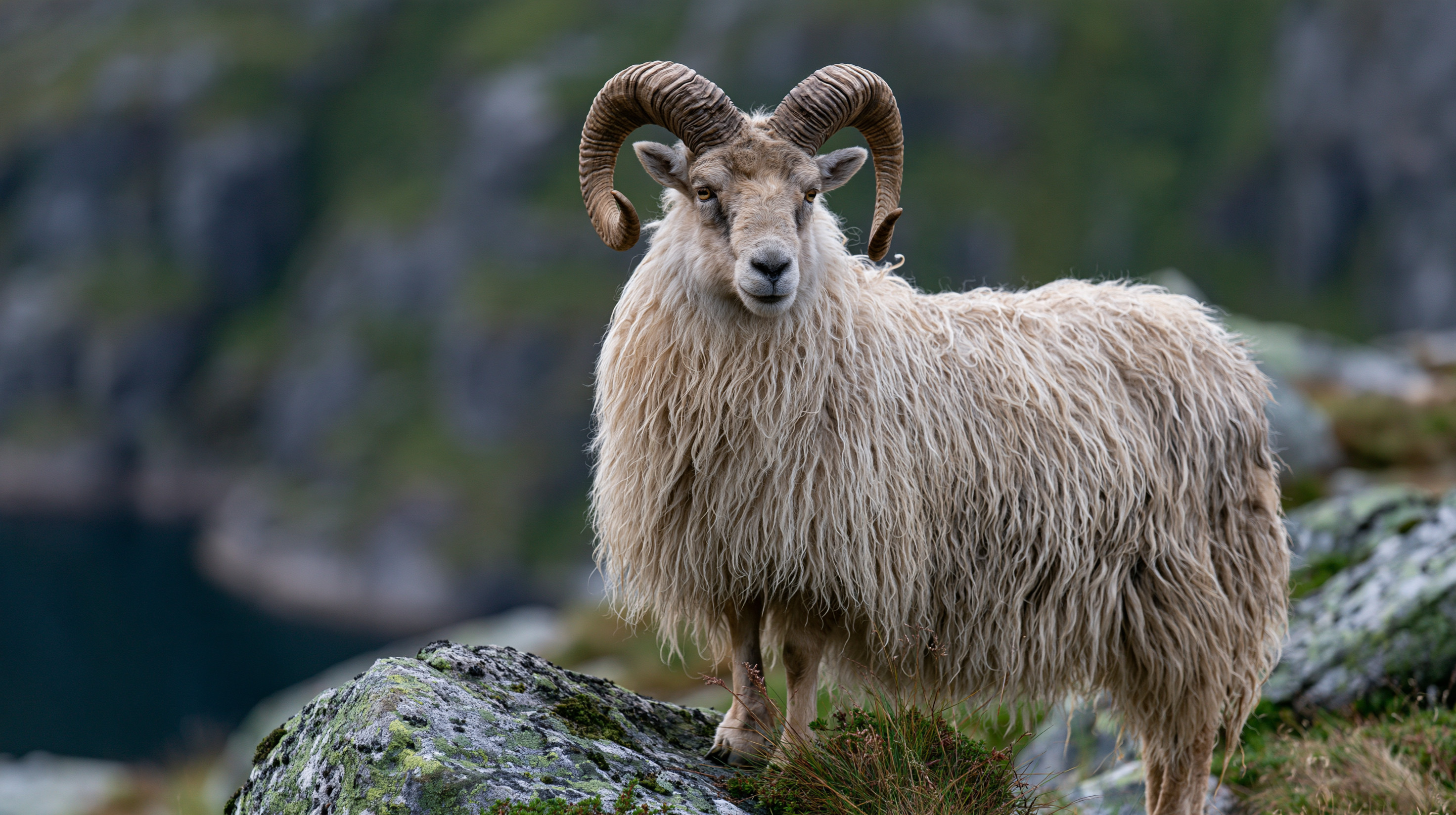 A majestic, long-wooled ram with large, spiraling horns stands proudly on a moss-covered boulder. The ram has a thick, shaggy cream-and-tan fleece that hangs down its body, a pale face, and clear eyes looking directly at the camera. The foreground shows rugged rocks with green moss and sparse grass. The background features a dramatically soft, out-of-focus view of deep green cliffs and the dark waters of a coastal fjord under an overcast sky.