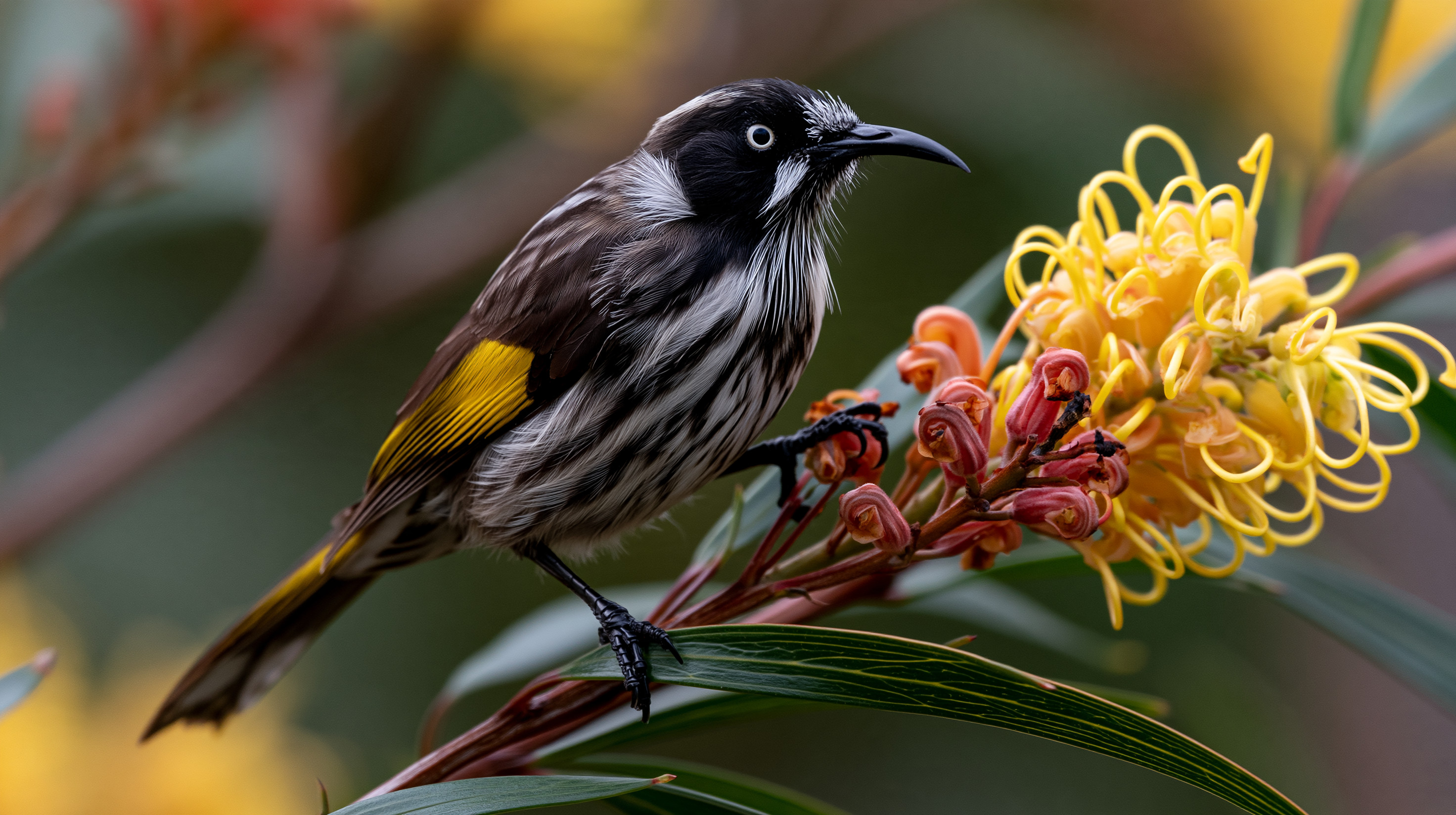 A New Holland Honeyeater with black, white, and gray streaked feathers and a gold patch on its wing perches on a branch next to a large yellow Grevillea flower in Tasmania.