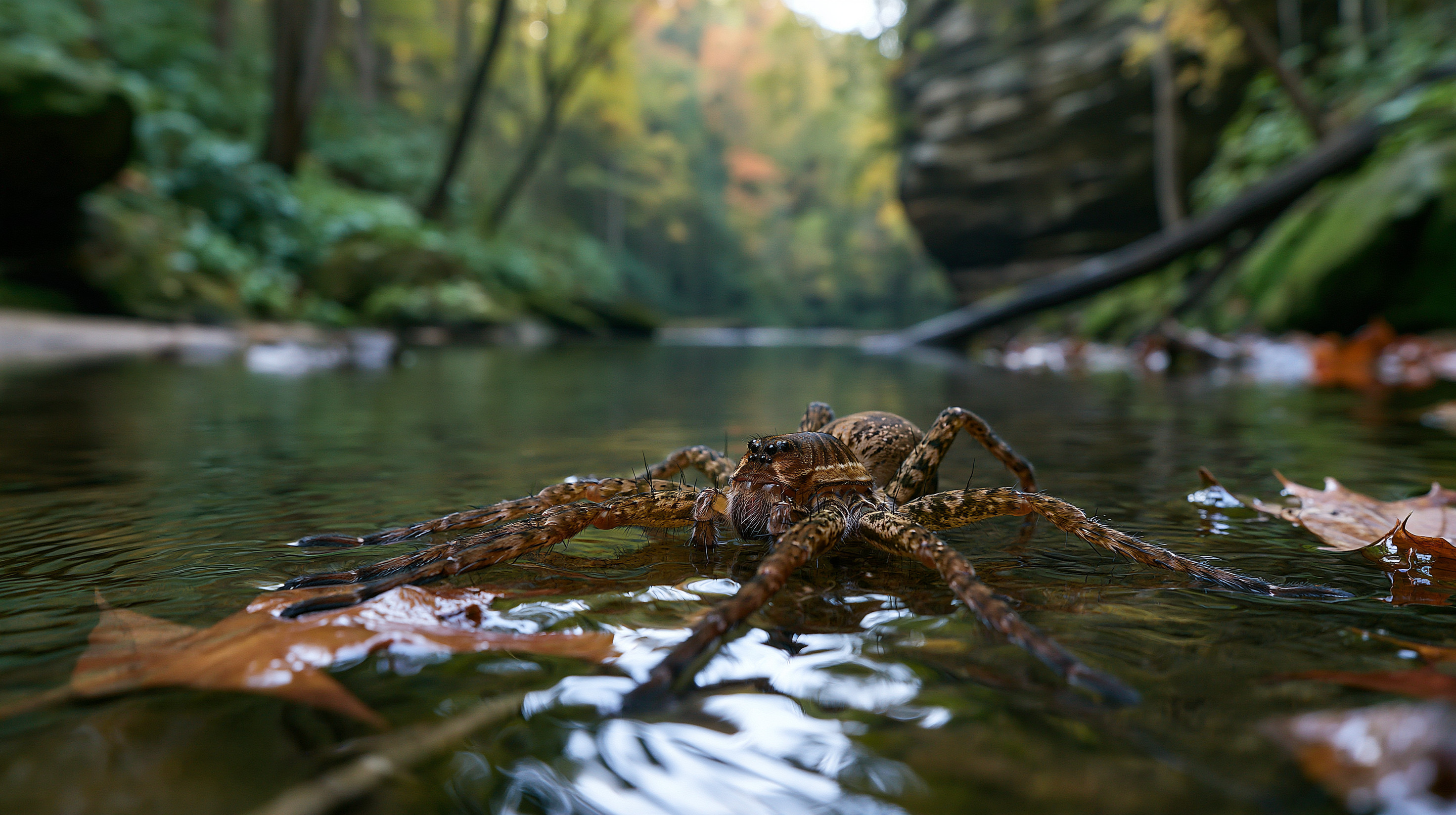 A large fishing spider rests on the clear, calm surface of a creek, surrounded by floating autumn leaves in a deep, forested sandstone canyon gorge in Ohio.
