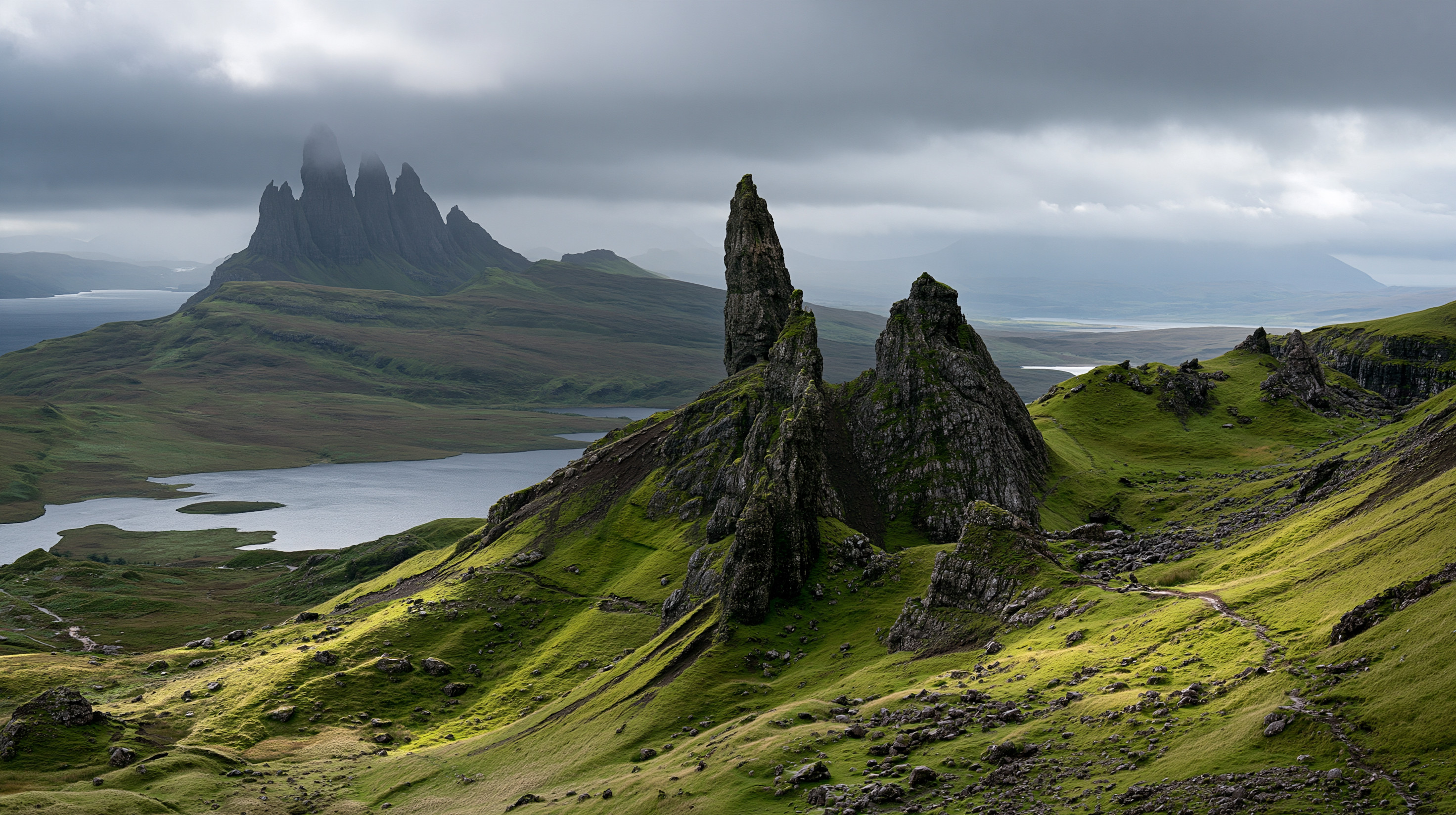 A dramatic, wide-angle landscape photograph of the Old Man of Storr on the Isle of Skye under a heavy, dark overcast sky. A tall, jagged rock pinnacle rises sharply from a steep, vibrant green mossy hillside in the center. In the background, another cluster of massive, sheer volcanic mountains stretches upwards into low-hanging gray storm clouds. A calm blue loch sits nestled in the valley floor to the left, under pockets of morning sunlight piercing the cloud layer.