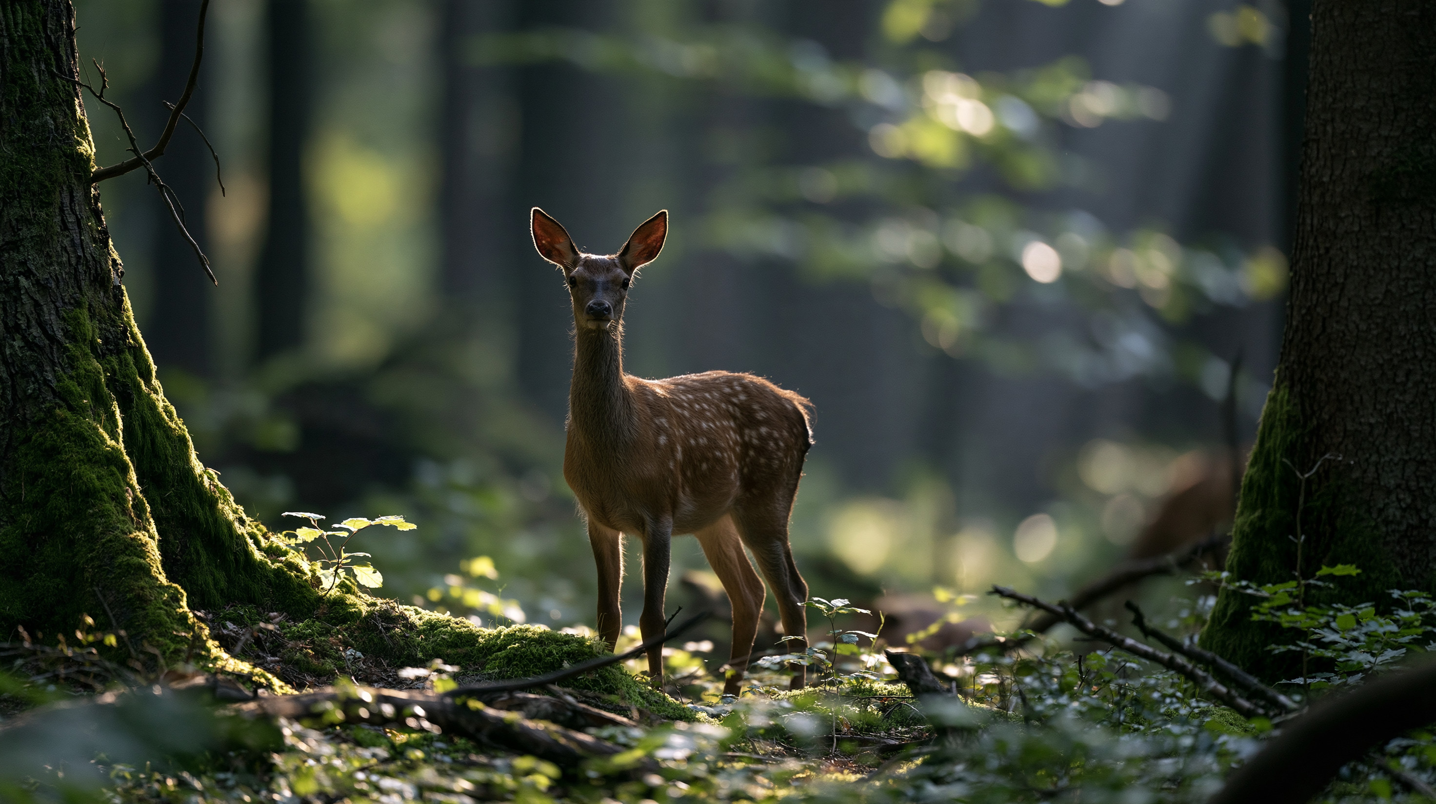 A beautiful close-up telephoto shot of a young white-tailed deer fawn standing perfectly still in a dense, mossy old-growth forest, with dramatic morning sunbeams cutting through the canopy and casting a golden rim light across its coat and ears.