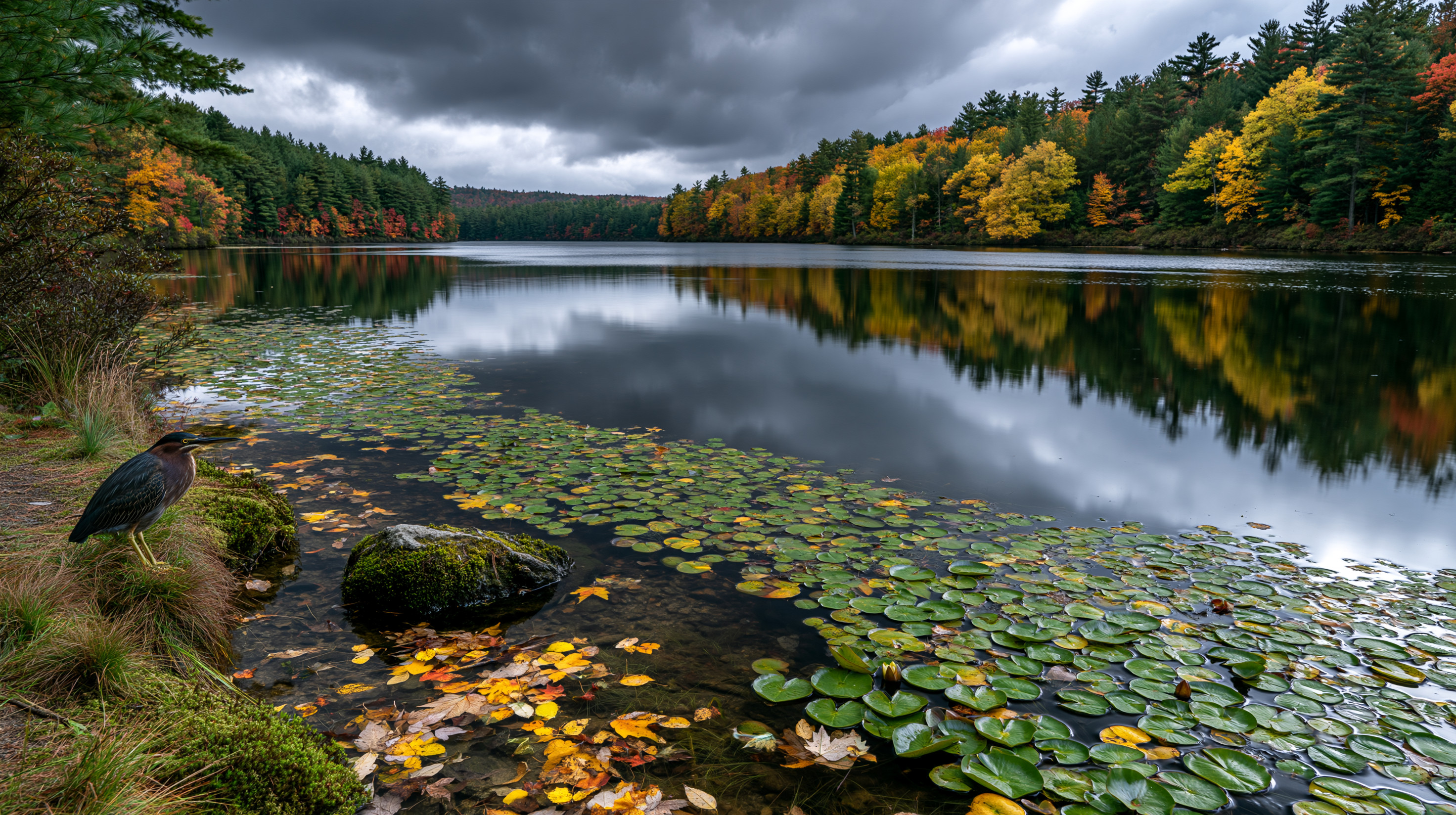 A small green heron stands alert on a mossy bank looking out across a glassy, tranquil lake covered in water lilies and floating autumn leaves, perfectly reflecting a vibrant forest of changing fall colors under a moody, overcast sky.
