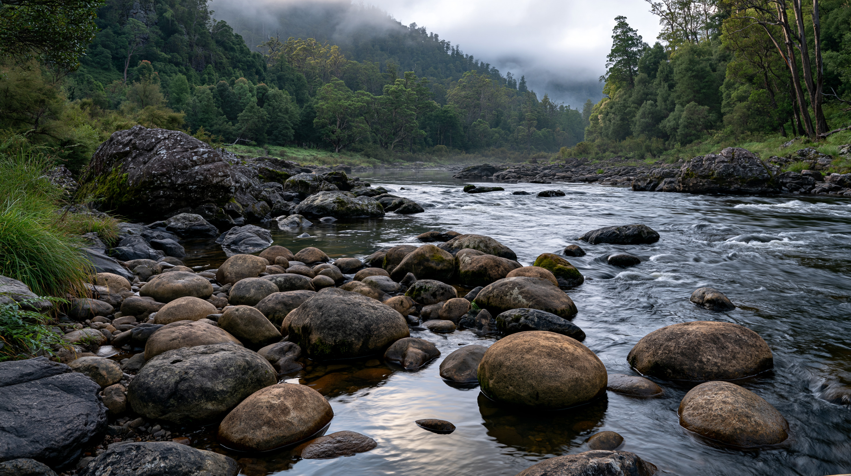 A scenic landscape view of a rushing wild river filled with large rounded river stones in the foreground, bordered by a dense, mist-covered green rainforest valley in Tasmania.
