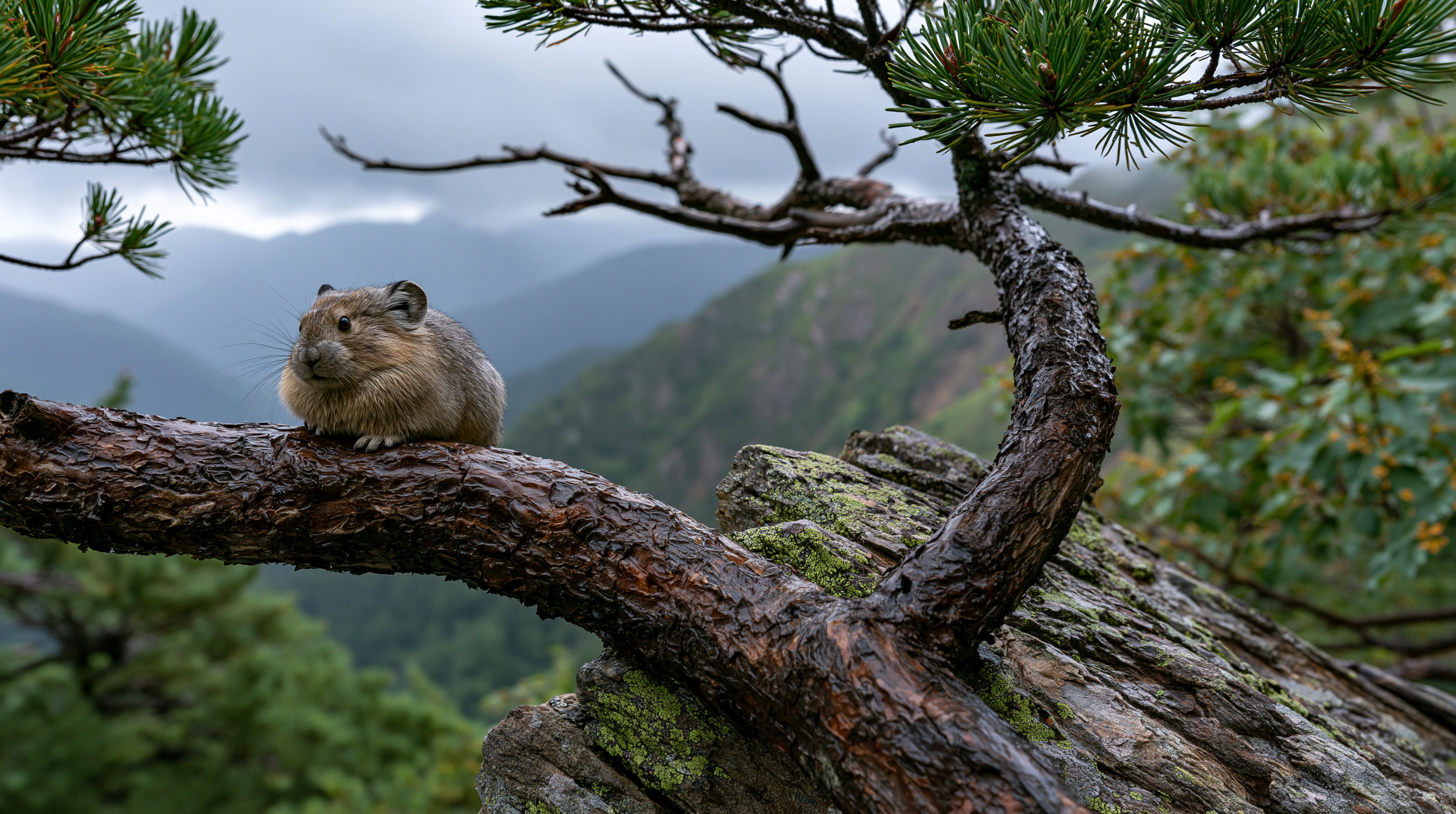 A small, round brown pika sits comfortably on a thick, textured, moss-flecked branch of a dwarf stone pine tree in the foreground. The branch twists out over a fractured granite rock face. The background opens up to a vast, deep-focus view of layered green mountain ridges stretching into a misty, overcast gray horizon.
