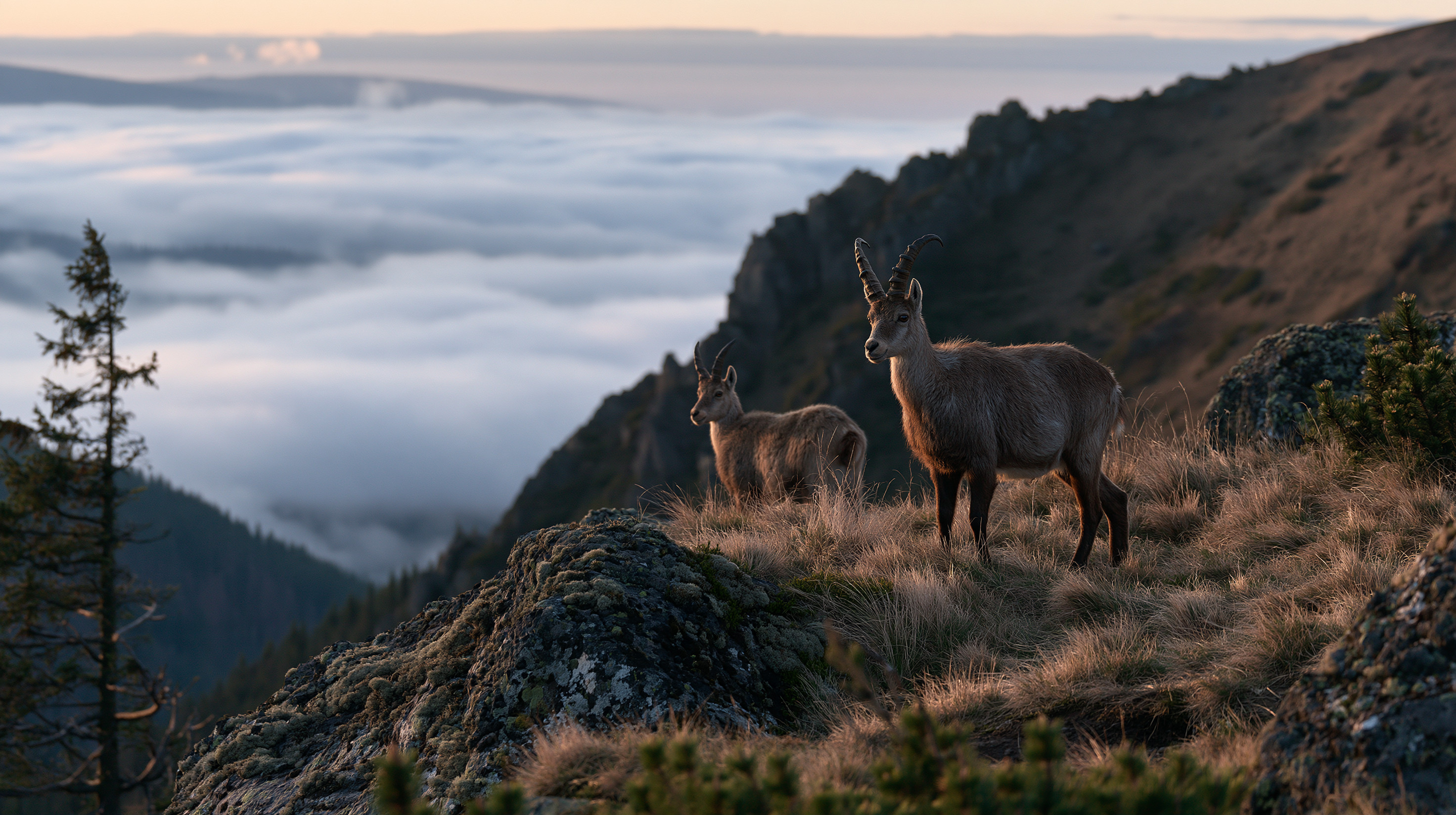 A breathtaking dawn photograph of two alpine ibex standing on a rocky, grassy mountain ridge in Slovakia, overlooking a massive sea of white inversion clouds filling the valley below.