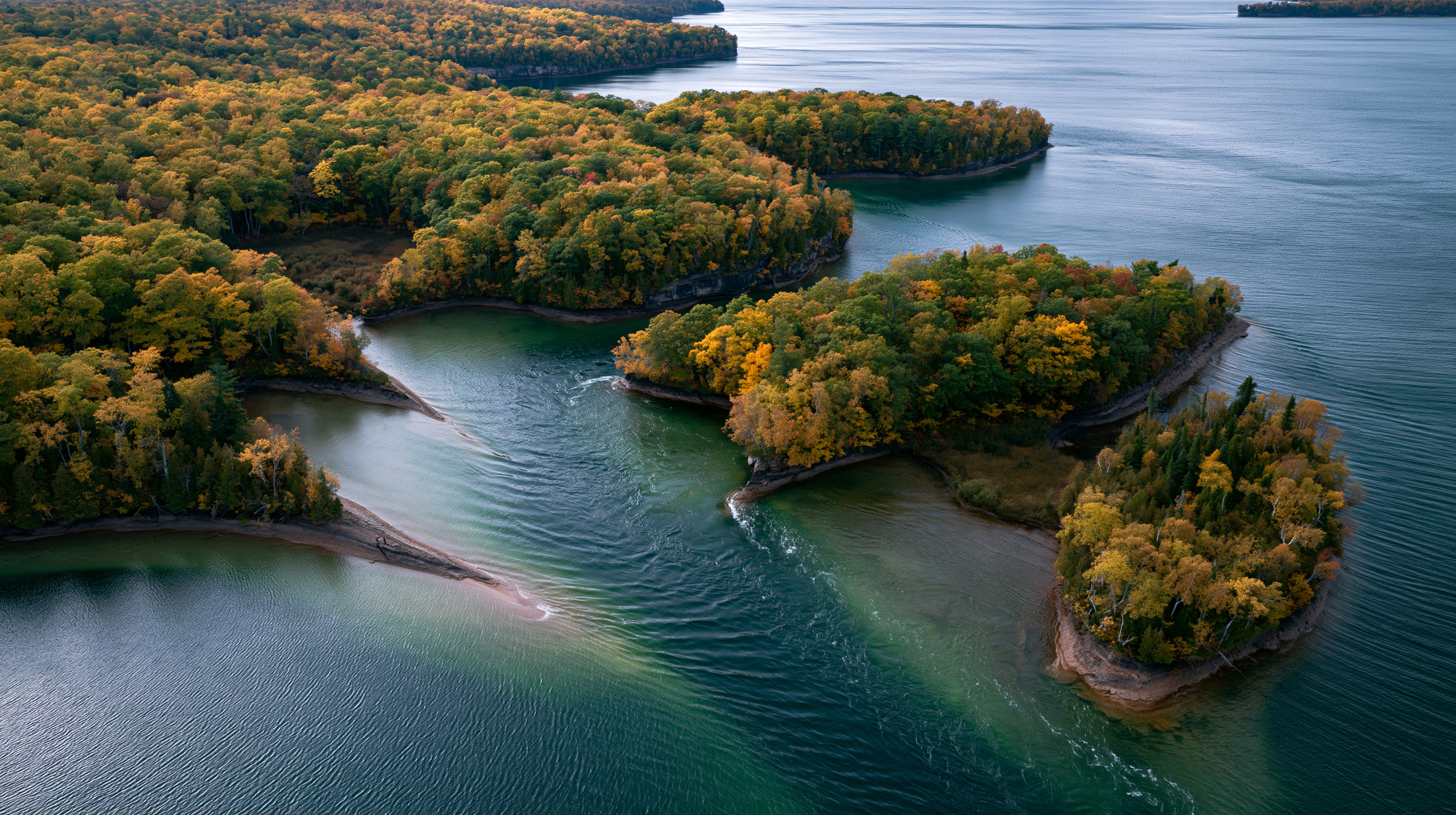 High-angle aerial drone photograph of narrow water channels twisting between forested islands and sandbars covered in yellow and orange autumn foliage under a soft sky.