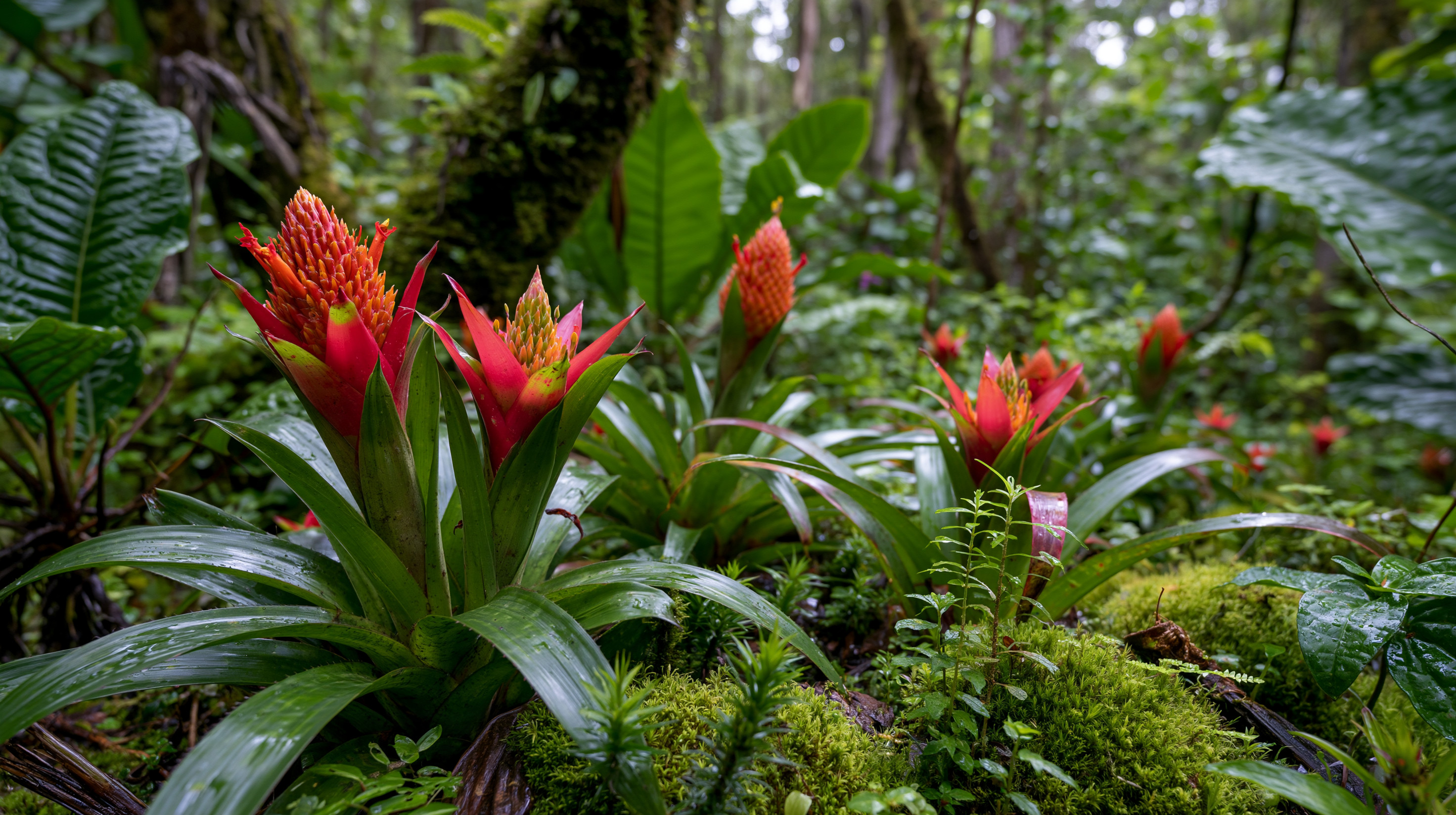 Low-angle shot of vibrant red and orange cone-shaped bromeliads growing out of a lush green mossy forest floor within a dense, misty tropical jungle.