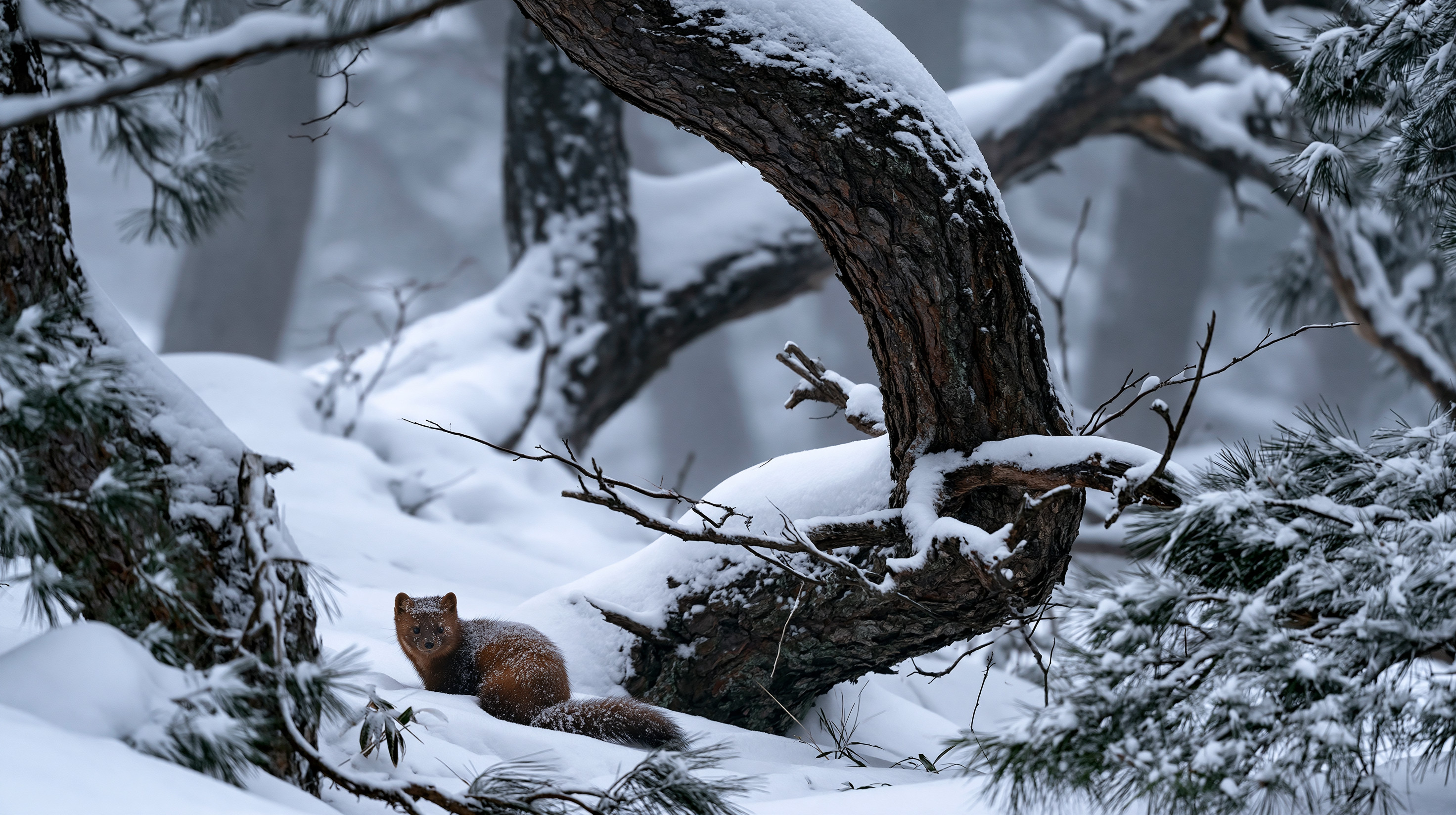A small, dark brown Japanese sable with thick winter fur and a long, bushy tail sits quietly on deep white snow under the sweeping, snow-laden branch of an ancient pine tree in a misty winter forest.
