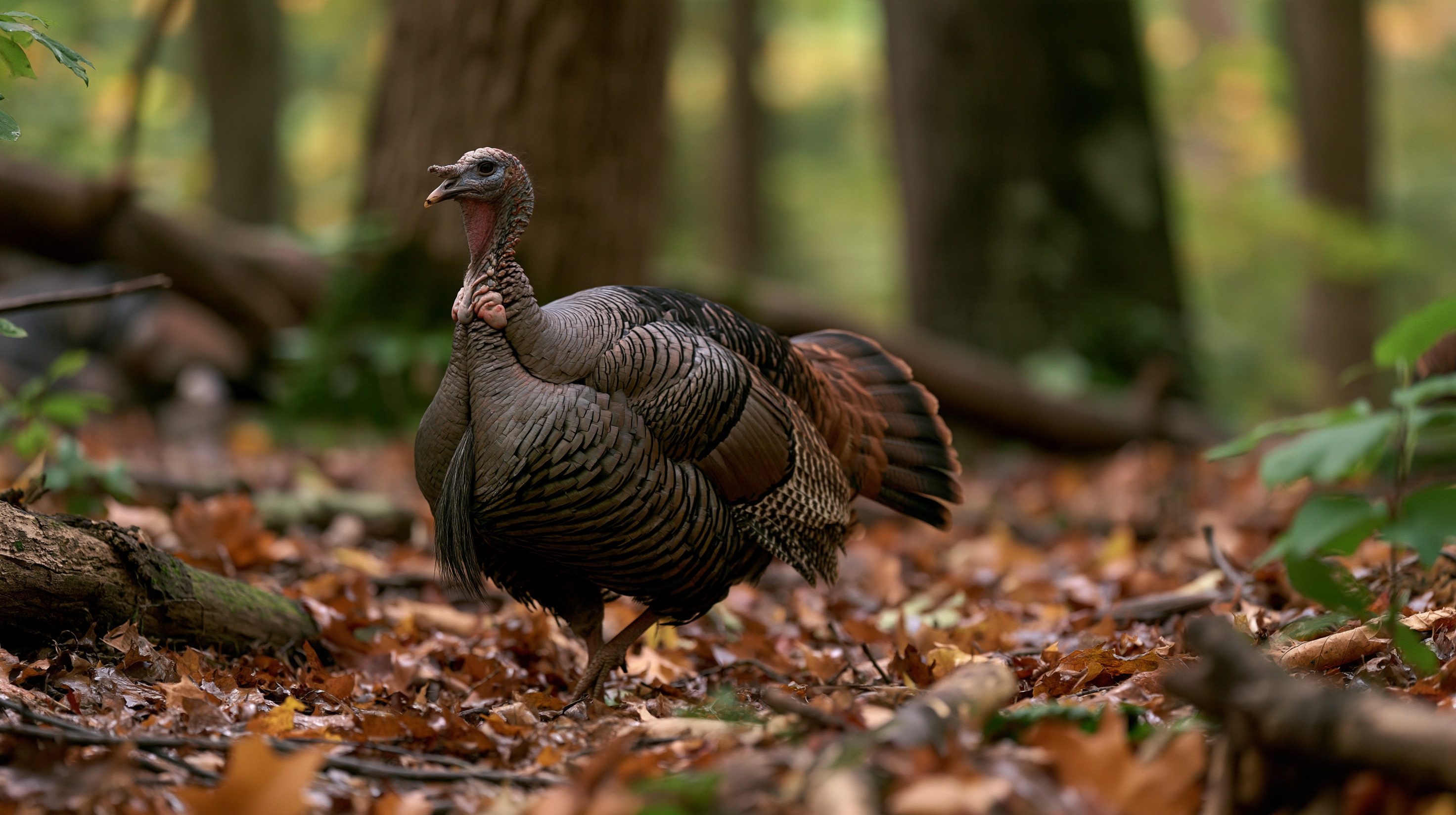 A close-up, low-angle shot captures a wild turkey calling out with an open beak as it strides across a forest floor carpeted in brown autumn leaves, with blurred green and gold woods in the background.