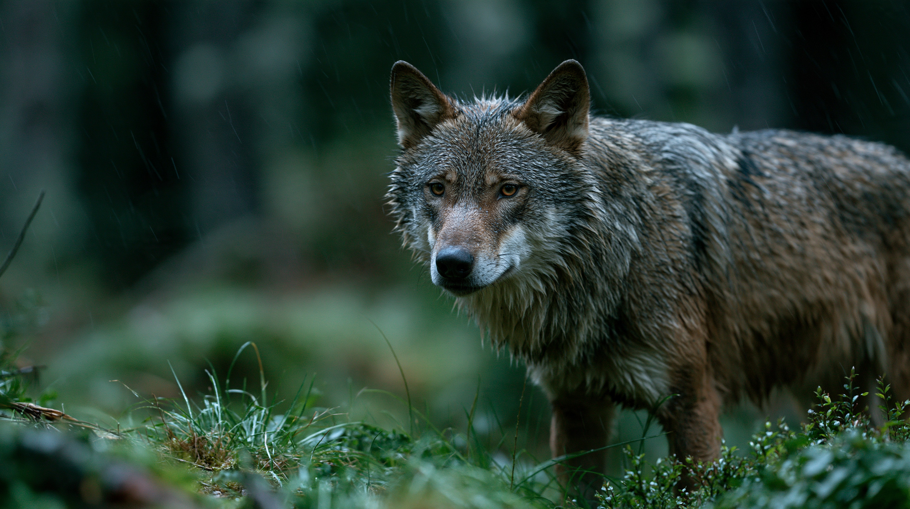 A close-up, three-quarter portrait of a wet Eurasian wolf standing on a mossy forest floor in Slovakia during a steady rain shower, with a softly blurred dark green background.