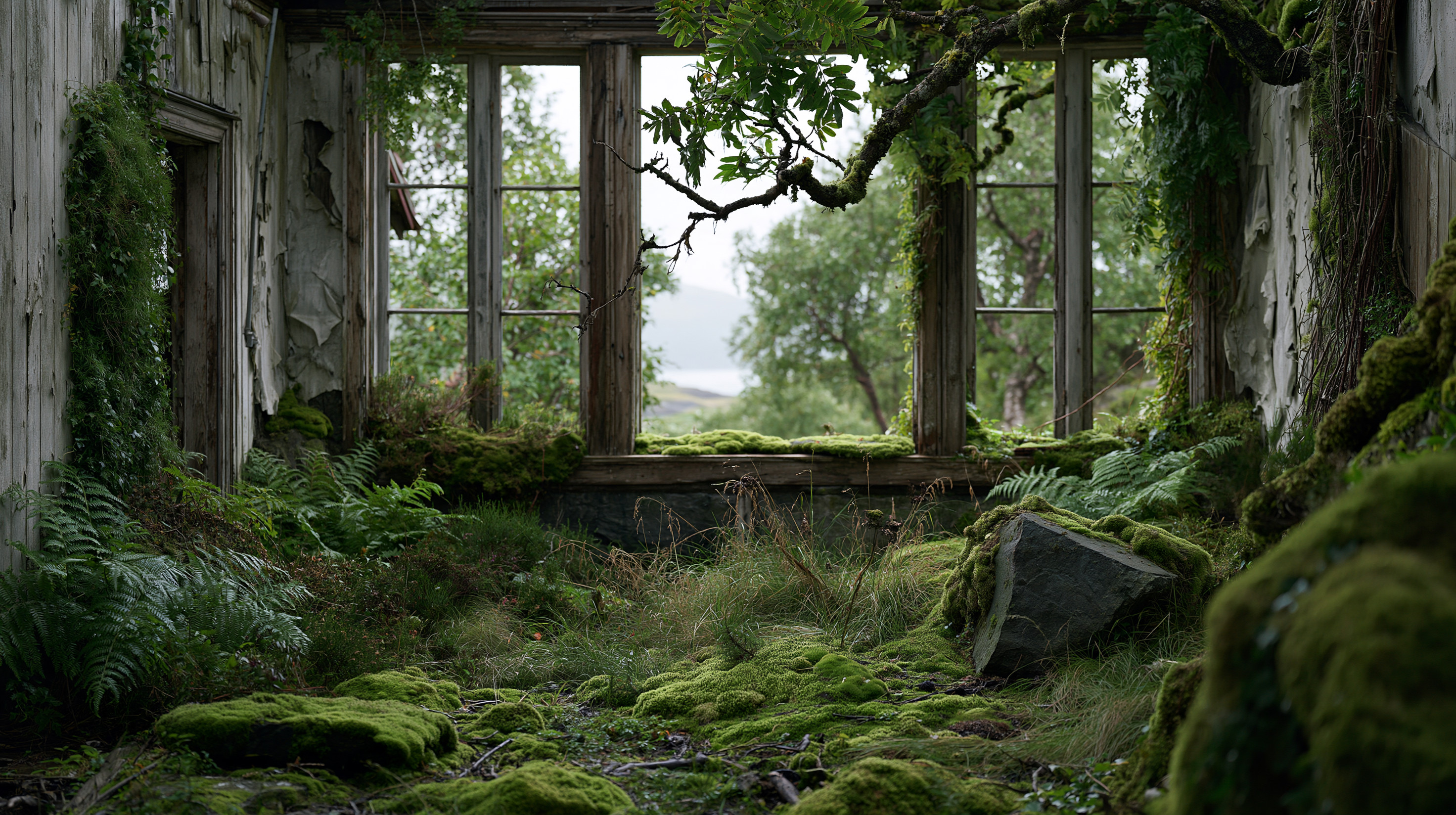 The interior of a decaying, roofless room completely blanketed by a lush green carpet of moss, grass, and ferns, featuring a row of tall glassless windows looking out onto a misty Scottish landscape.