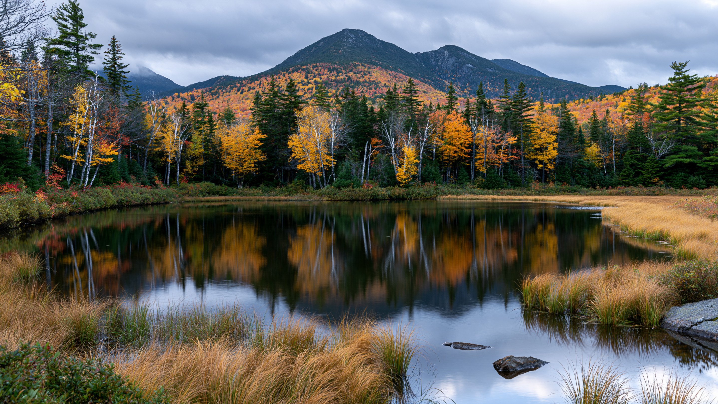A calm pond reflects a line of vibrant yellow autumn birch trees and a large green mountain under a dramatic cloudy sky, with tall golden marsh grass framing the foreground.
