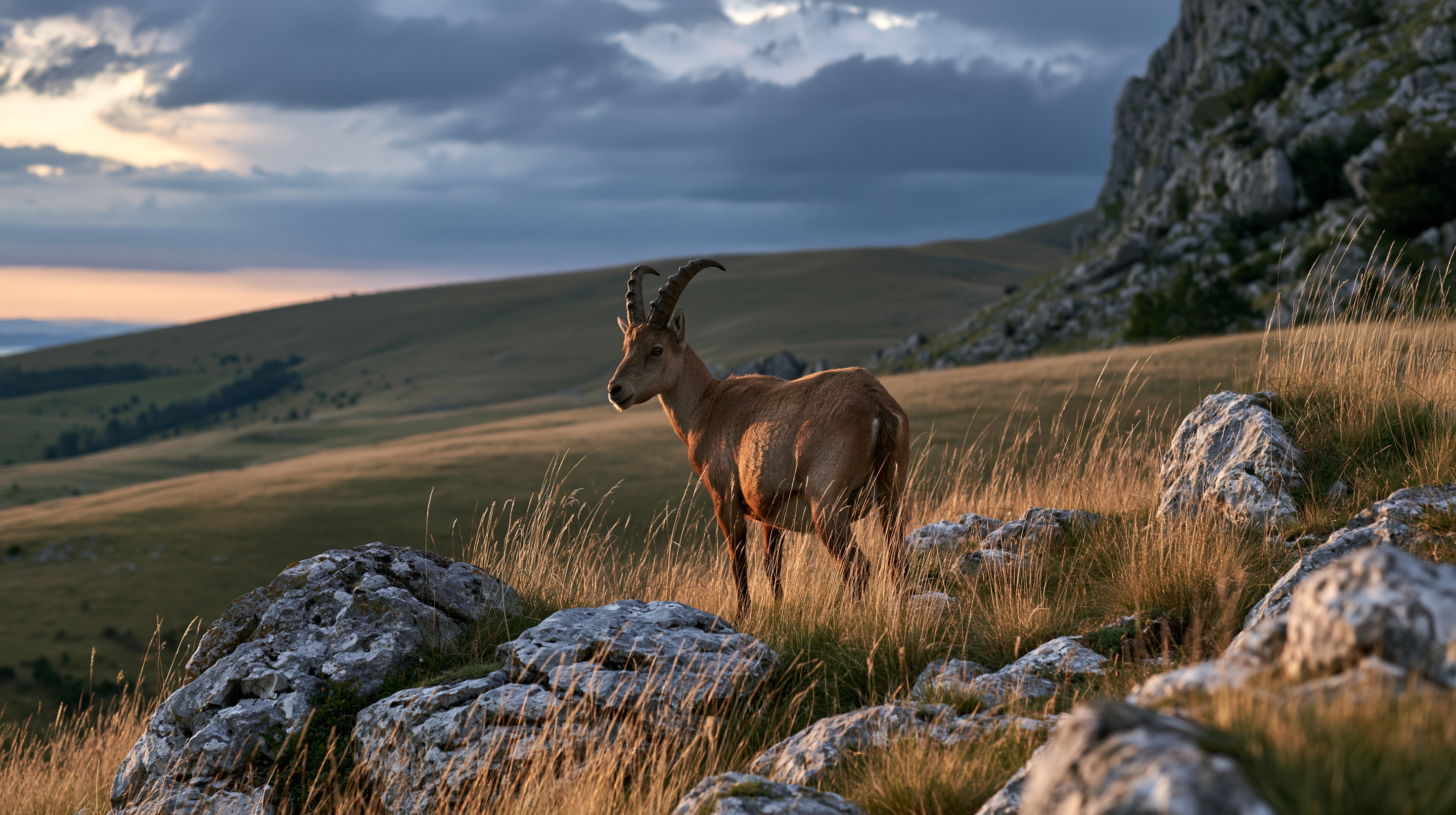 A breathtaking, golden-hour photograph of a horned alpine ibex standing majestically on a rocky, grassy ridge overlooking a vast mountain valley in Bosnia at dusk.