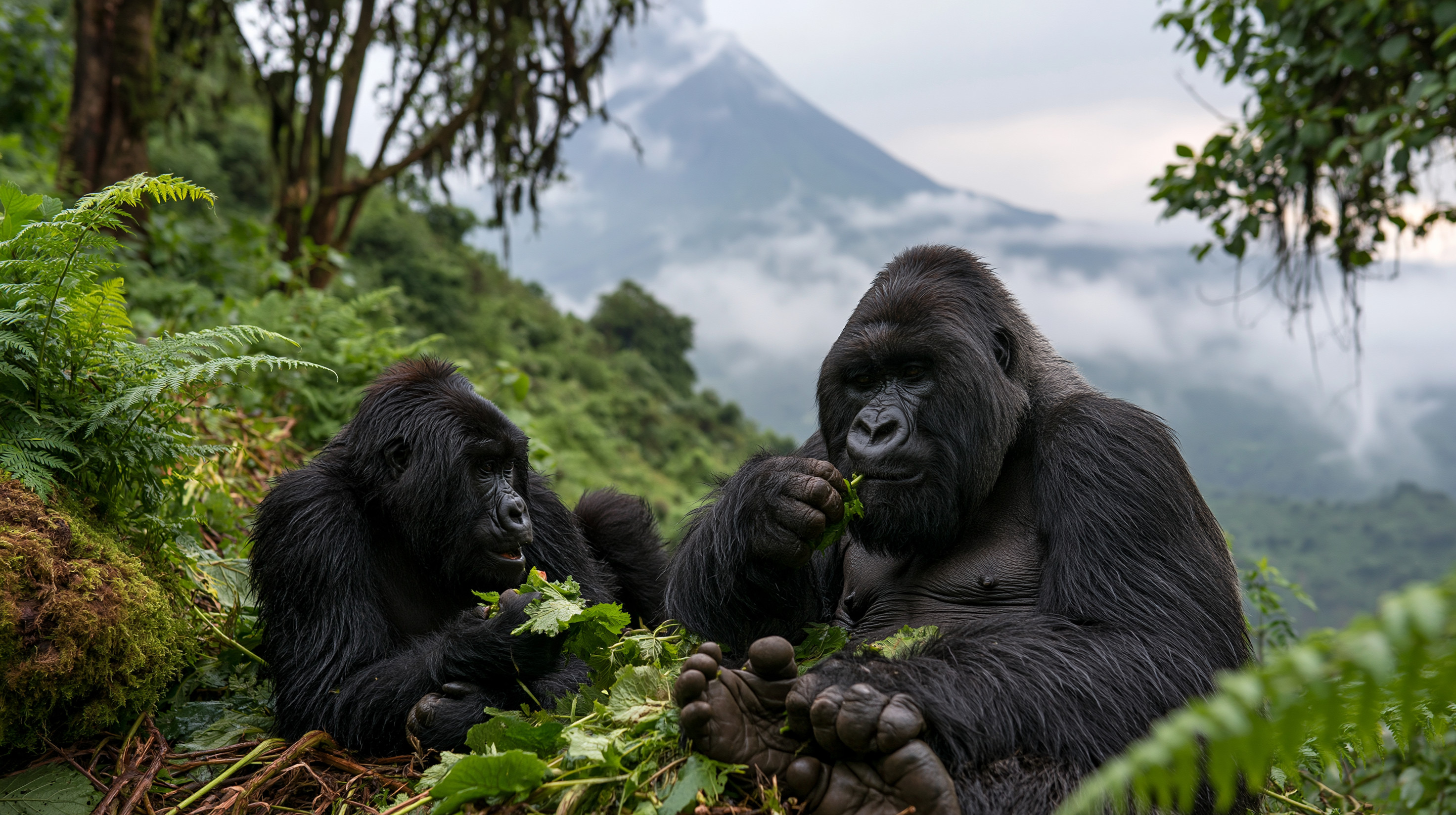 Two massive mountain gorillas sit nestled in lush green mountain foliage, munching on fresh leaves with a misty, cloud-shrouded volcanic mountain peak towering in the background