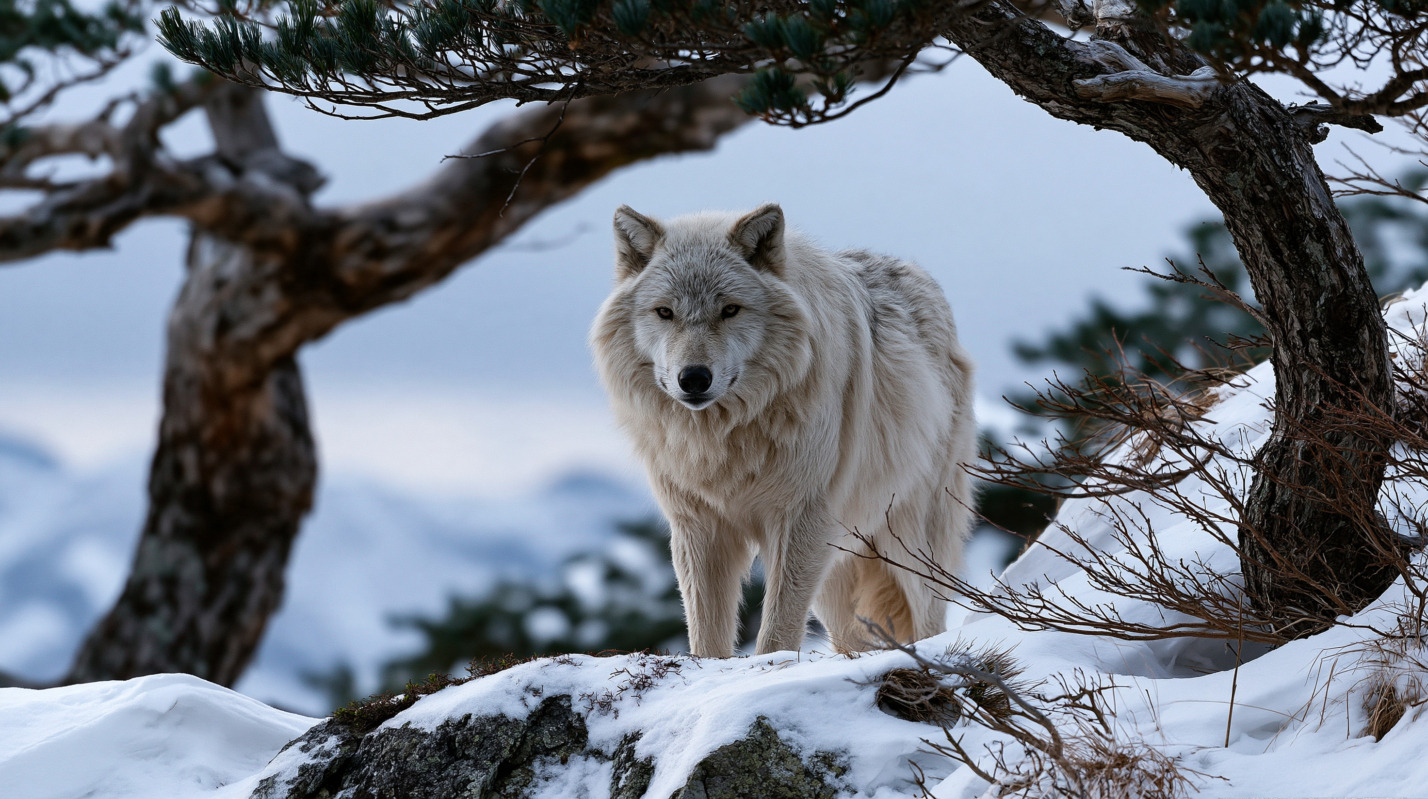 A close-up shot of a thick-furred white Arctic wolf standing under a gnarled pine branch on a snow-covered ridge with a blurred mountainous winter backdrop.