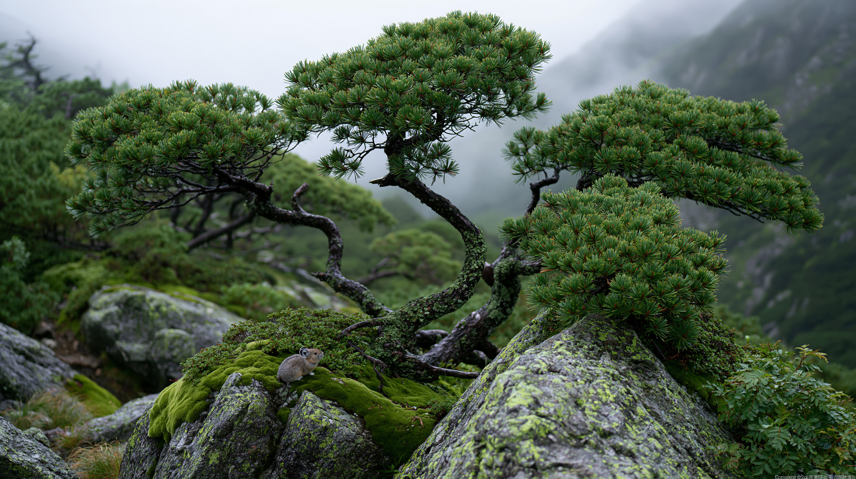 A small, brown Japanese pika sits perched atop a moss-covered boulder in the lower-left foreground. Behind it, a beautifully weathered, S-curved dwarf stone pine tree splits into two dense, cloud-like tufts of green pine needles. The surrounding landscape features jagged, lichen-mottled granite rocks and rolling green alpine hills that slowly disappear into a heavy, white mountain fog.