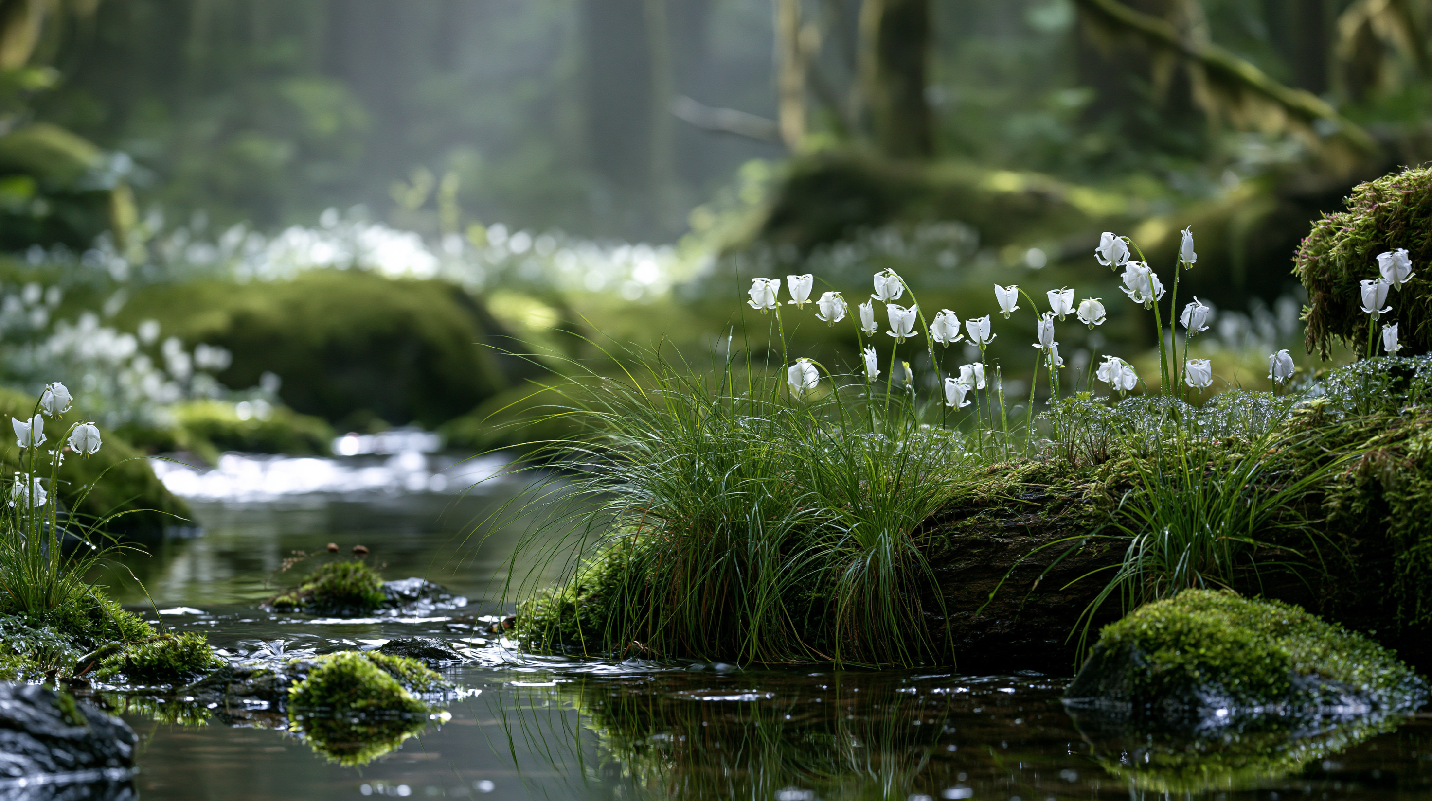 A serene, mossy forest stream flowing gently through an ancient woodland, with clusters of small white bell-shaped wild flowers growing on moss-covered logs and boulders along the water's edge under soft, filtered sunlight.