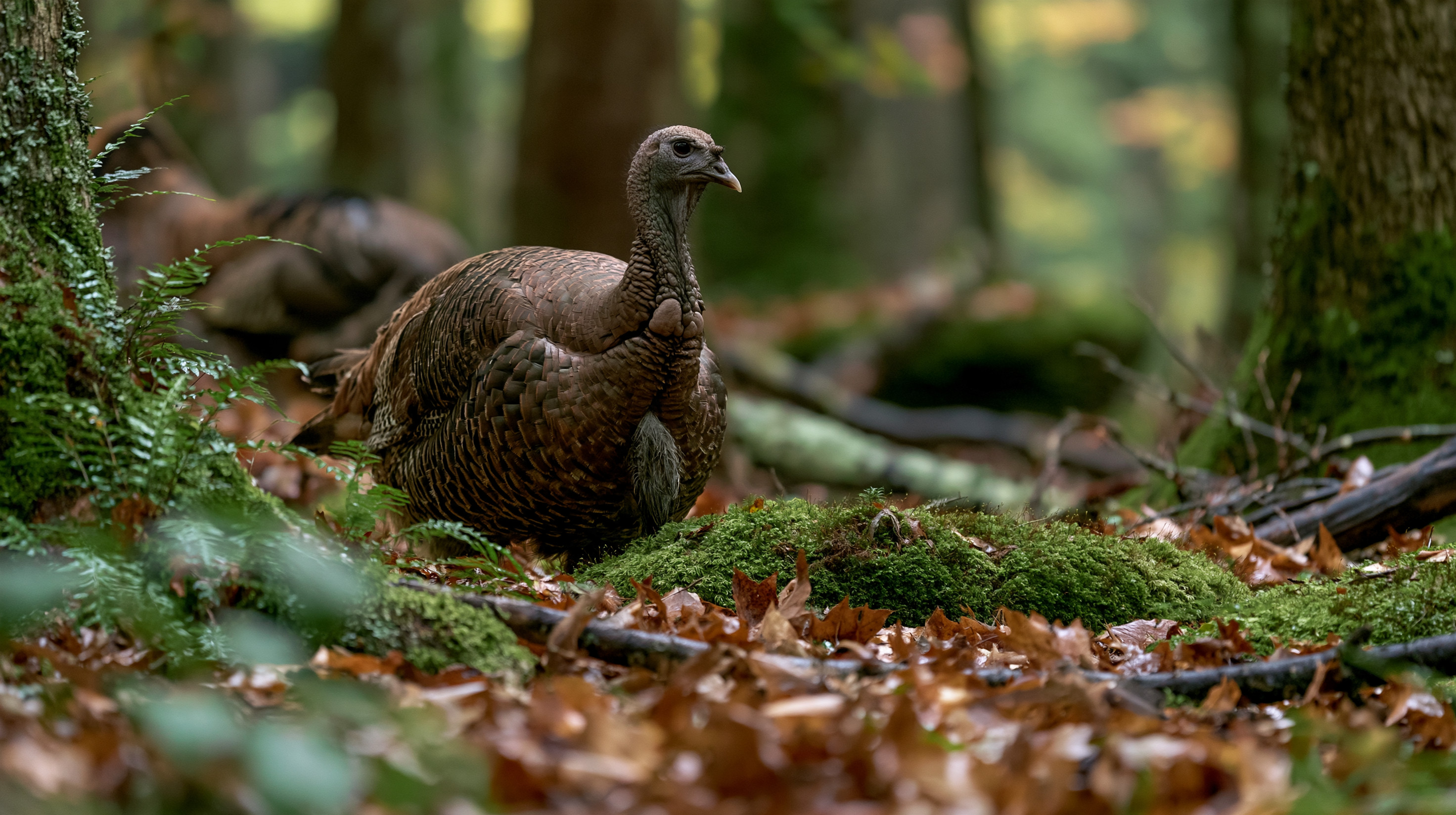 A close-up shot captures a wild turkey standing alert on a vibrant, moss-covered log in a lush forest, surrounded by fallen autumn leaves, ferns, and blurred trees in the background.