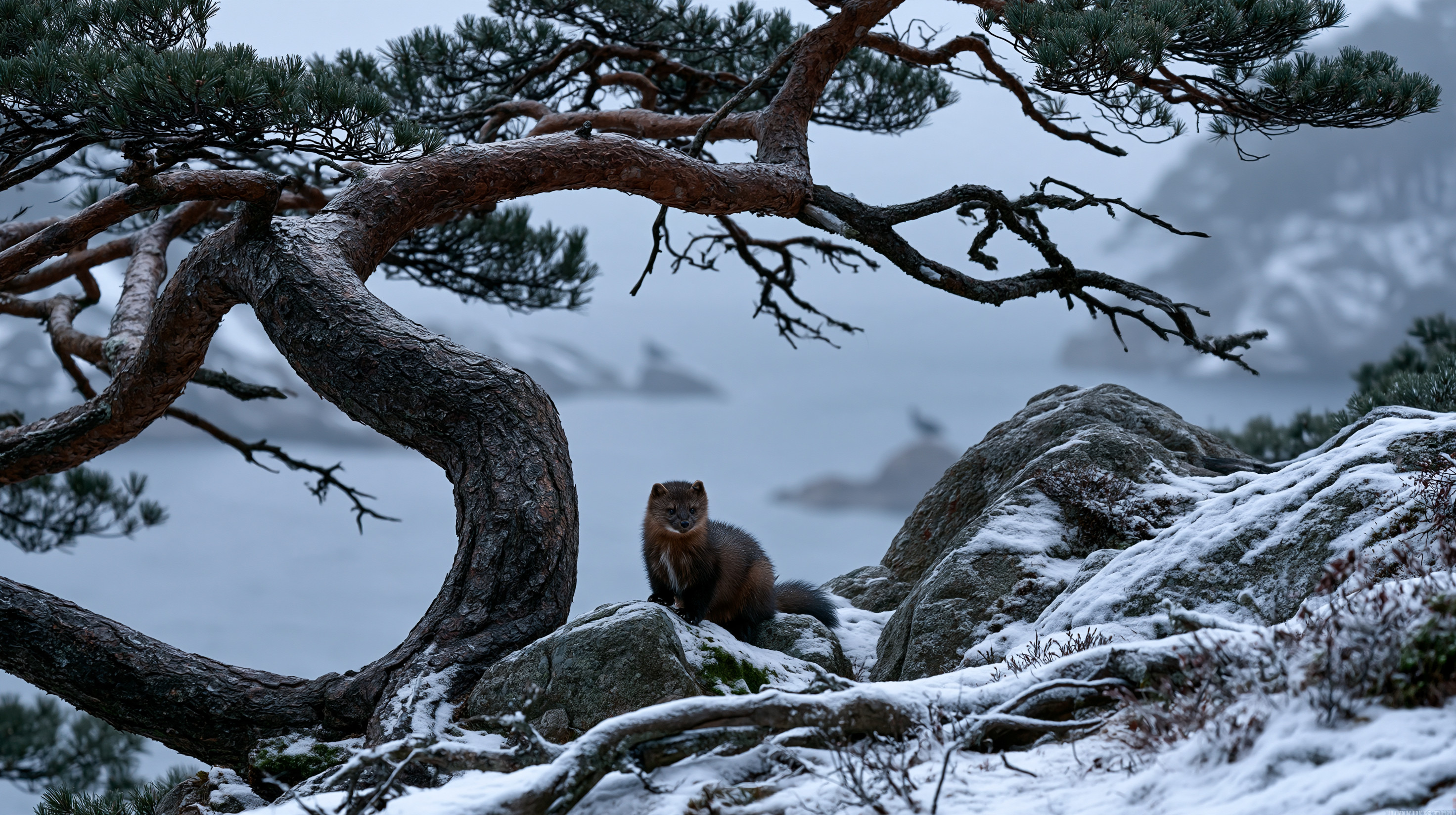 A small, dark brown sable sits on a snow-dusted, rocky cliff edge between the gnarled, twisting trunk of an ancient pine tree and massive boulders, looking out over a wide, misty sea under an overcast sky.
