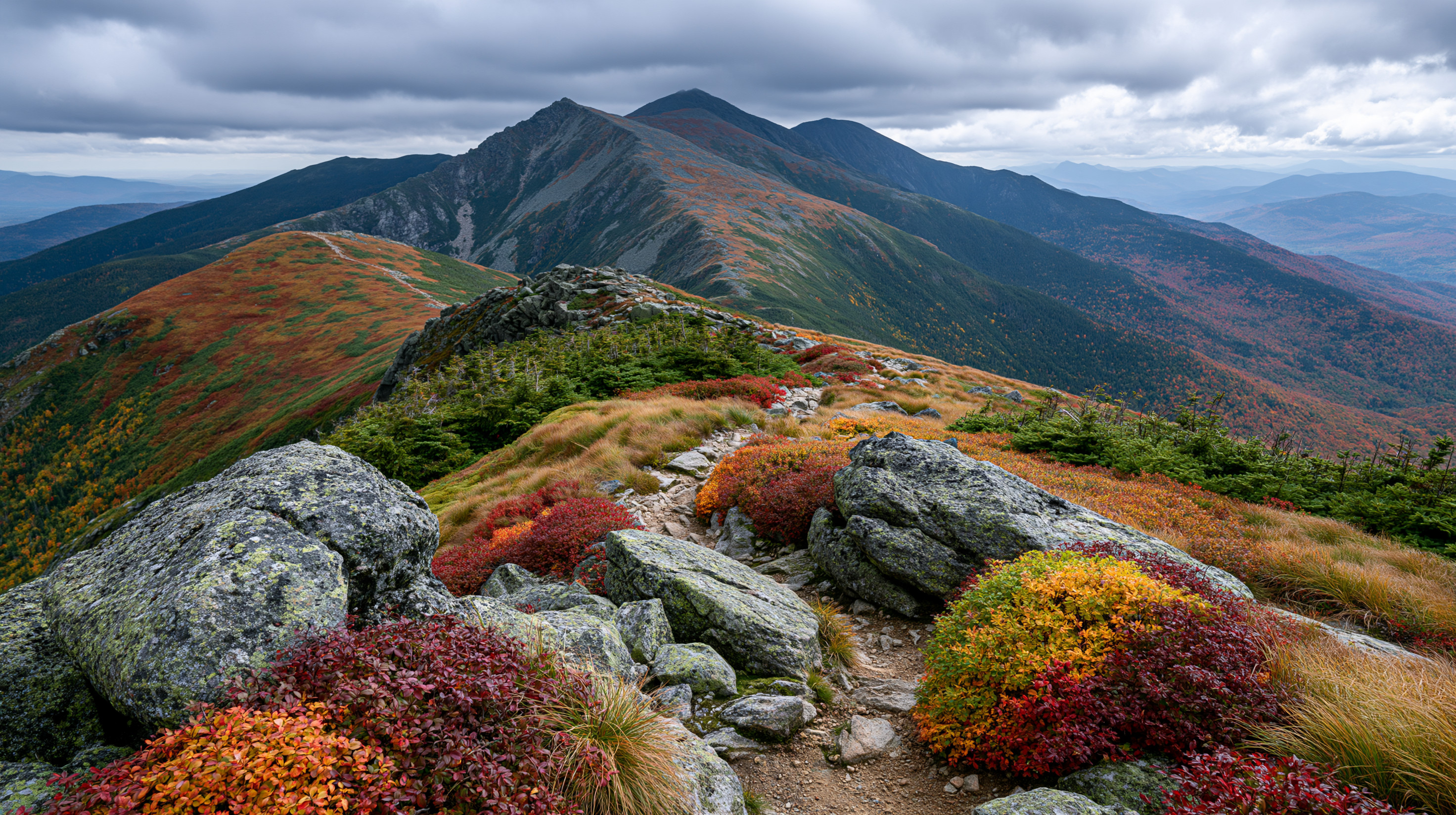 A scenic wide-angle view looking along the rocky alpine trail of Franconia Ridge in autumn, featuring foreground granite boulders surrounded by vibrant red and orange low-lying bushes under a dramatic cloudy sky with mountain peaks in the background.