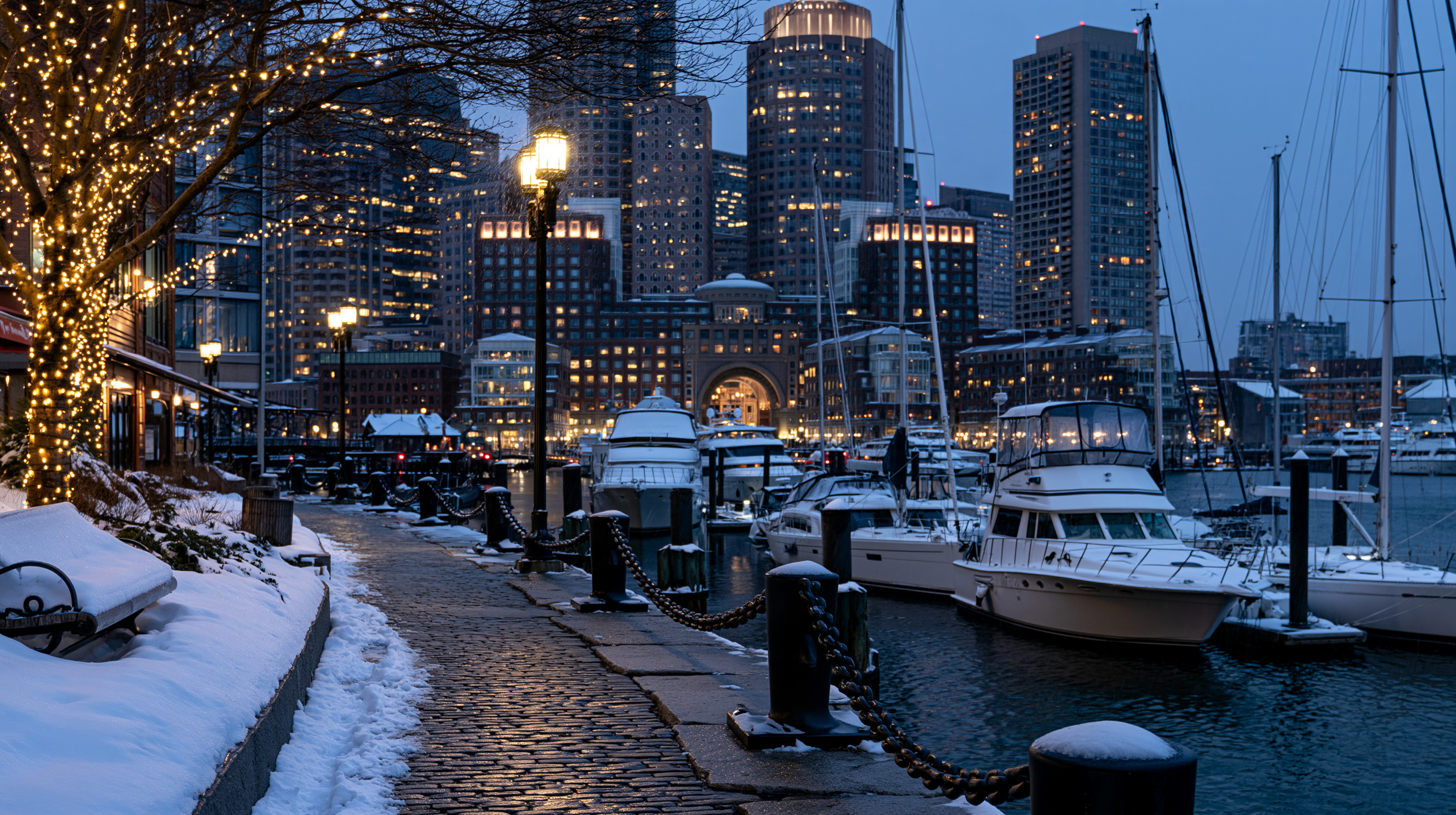 A twilight winter view along the snow-covered cobblestone path of Boston's Fan Pier, looking past moored yachts and iron chains toward the illuminated skyscrapers of the Financial District across the calm water.