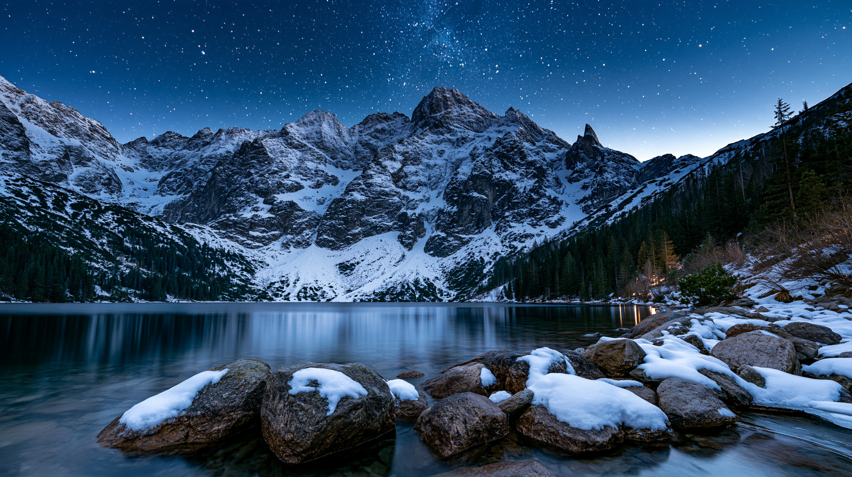 A wide-angle astrophotography shot of a dark mountain lake reflecting snow-dusted granite peaks under a brilliant, star-filled night sky in the High Tatras.