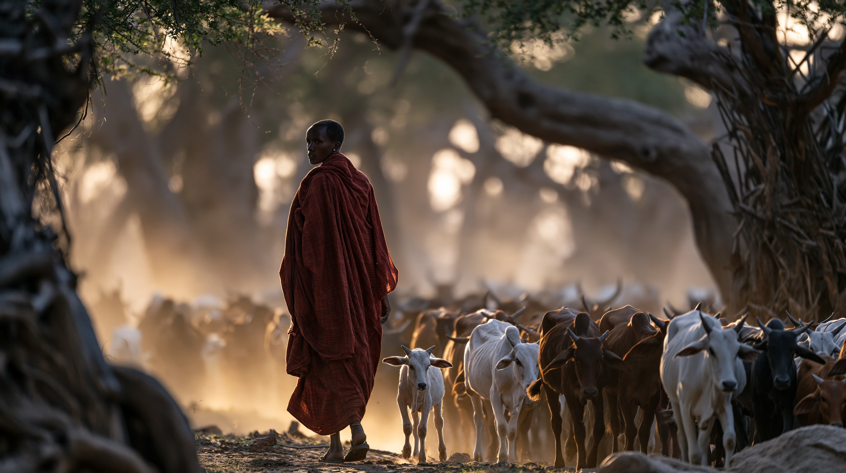A herder draped in a rich red-brown cloak walks amidst a large herd of zebu cattle and a young calf, kicking up a thick blanket of golden dust backlit by the low setting sun under twisting acacia branches.
