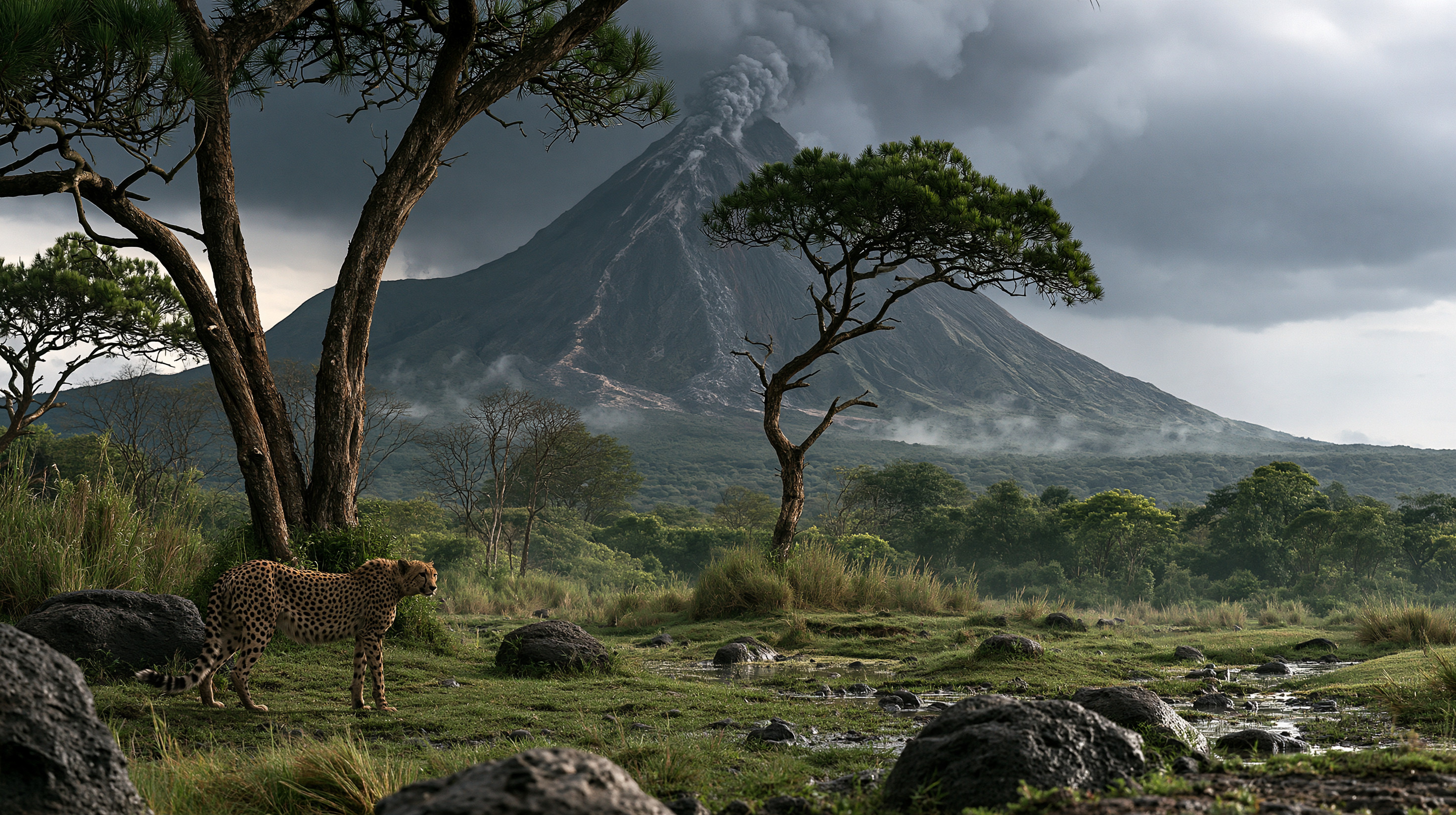 A cheetah stands alert on a grassy plain dotted with volcanic rocks, framed by scattered trees under a dark, stormy sky with an active volcano erupting smoke in the background.