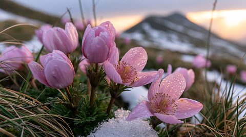 A beautiful close-up photograph of soft pink pasqueflowers covered in dew droplets, growing out of a patch of melting snow in a mountain meadow in Bosnia at sunrise.