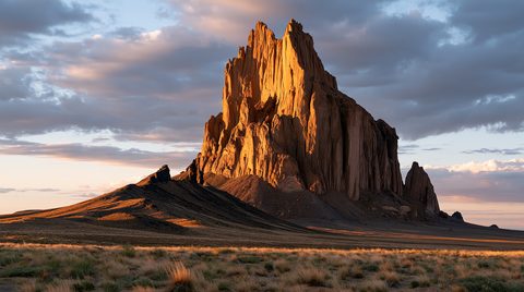 A majestic golden hour view of Shiprock rock formation rising from a desert plain under a cloudy sky, with the sun casting a warm orange glow across the volcanic spires in New Mexico.