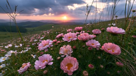 A beautiful close-up landscape photograph of pink wildflowers blooming on a green hillside in Bosnia at sunset, with rolling mountains under a cloudy sky in the background.